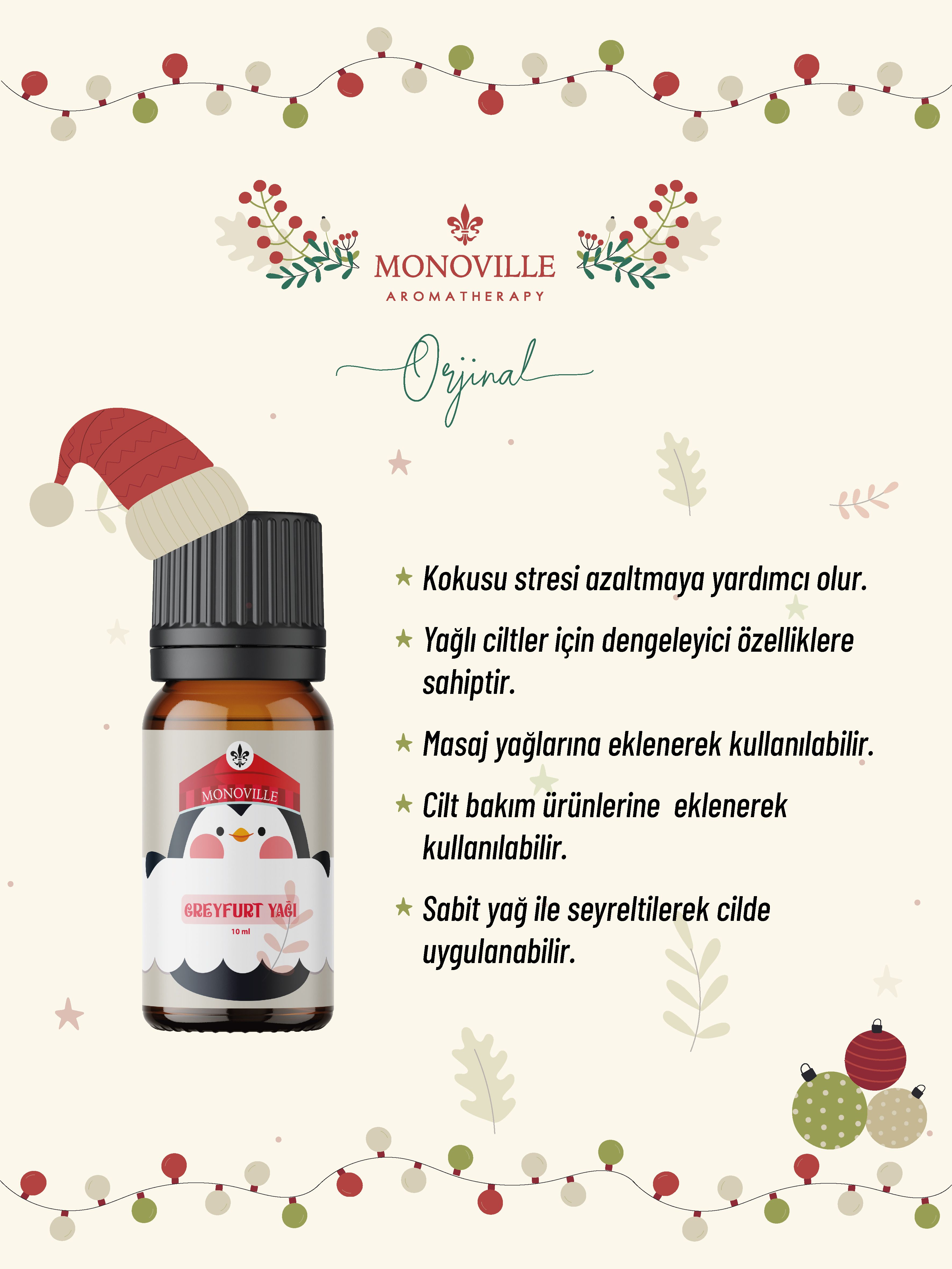 Monoville Greyfurt Uçucu Yağı 10 ml % 100 Saf ve Doğal Yeni Yıl Hediye ( Grapefruit Essential Oil )