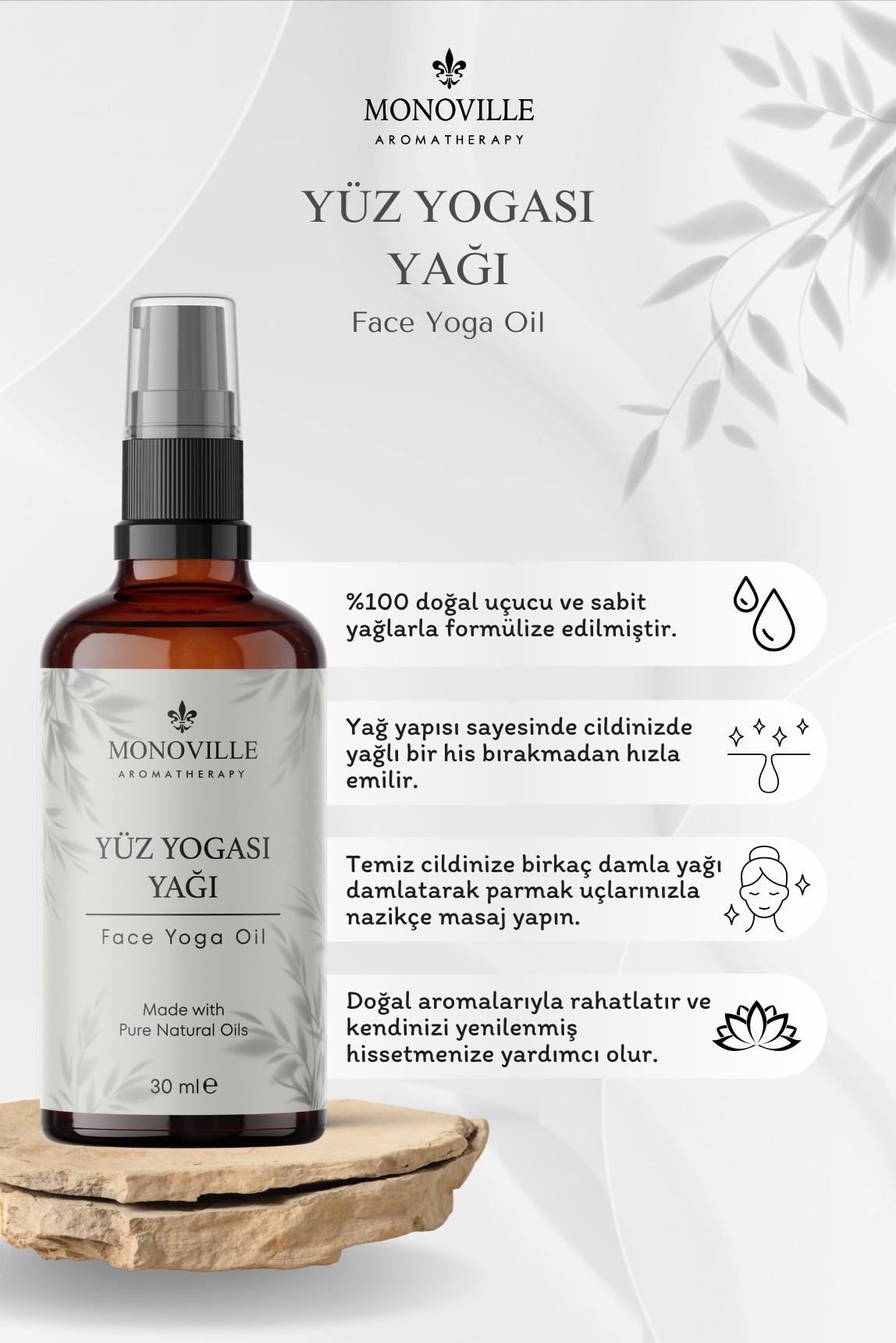 Monoville Yüz Yogası Yağı 30 ml Cam Şişede %100 Saf ve Doğal (Face Yoga Oil)