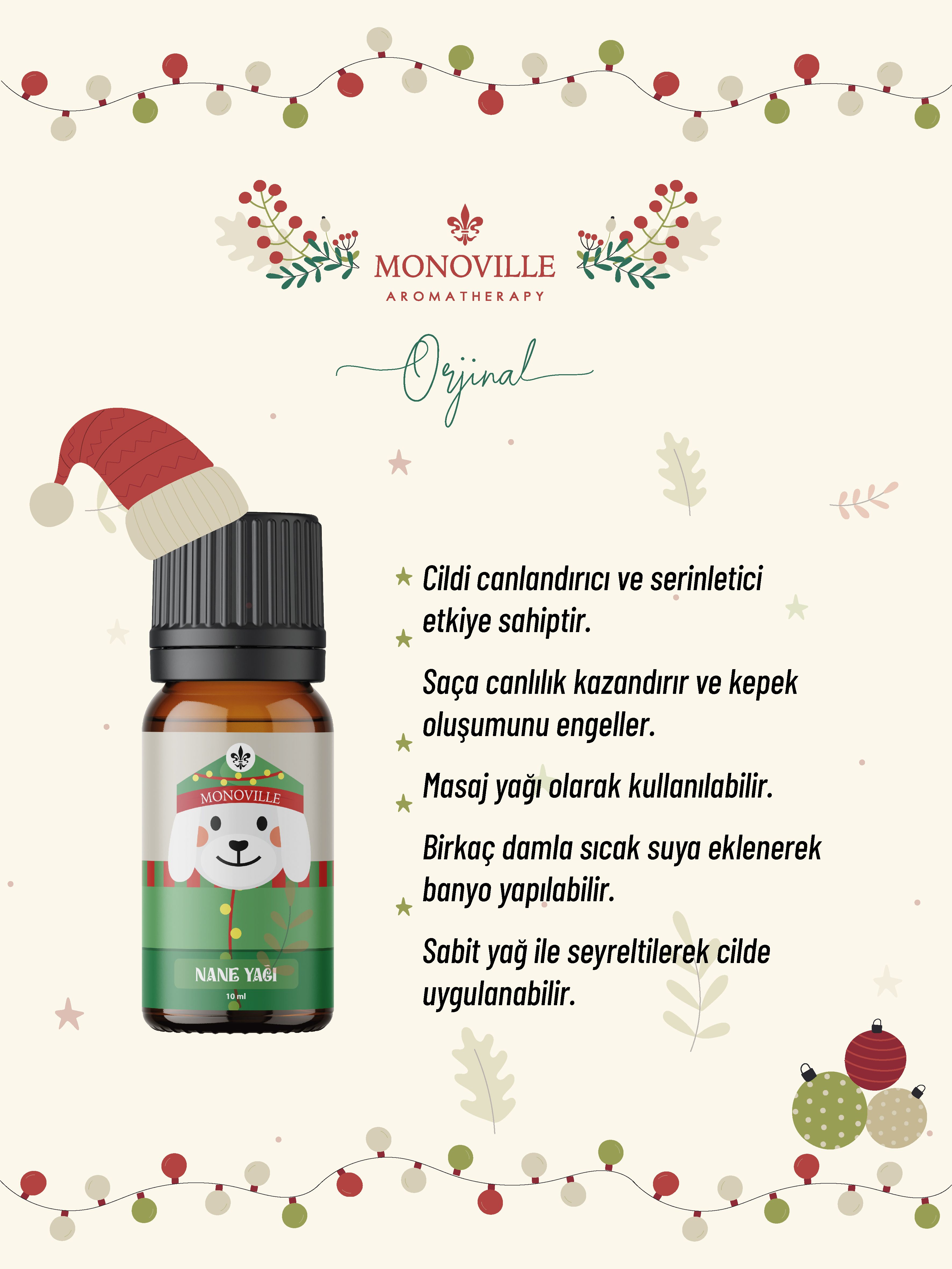 Monoville Nane Uçucu Yağı 10 ml % 100 Saf ve Doğal Yeni Yıl Hediye ( Peppermint Essential Oil )