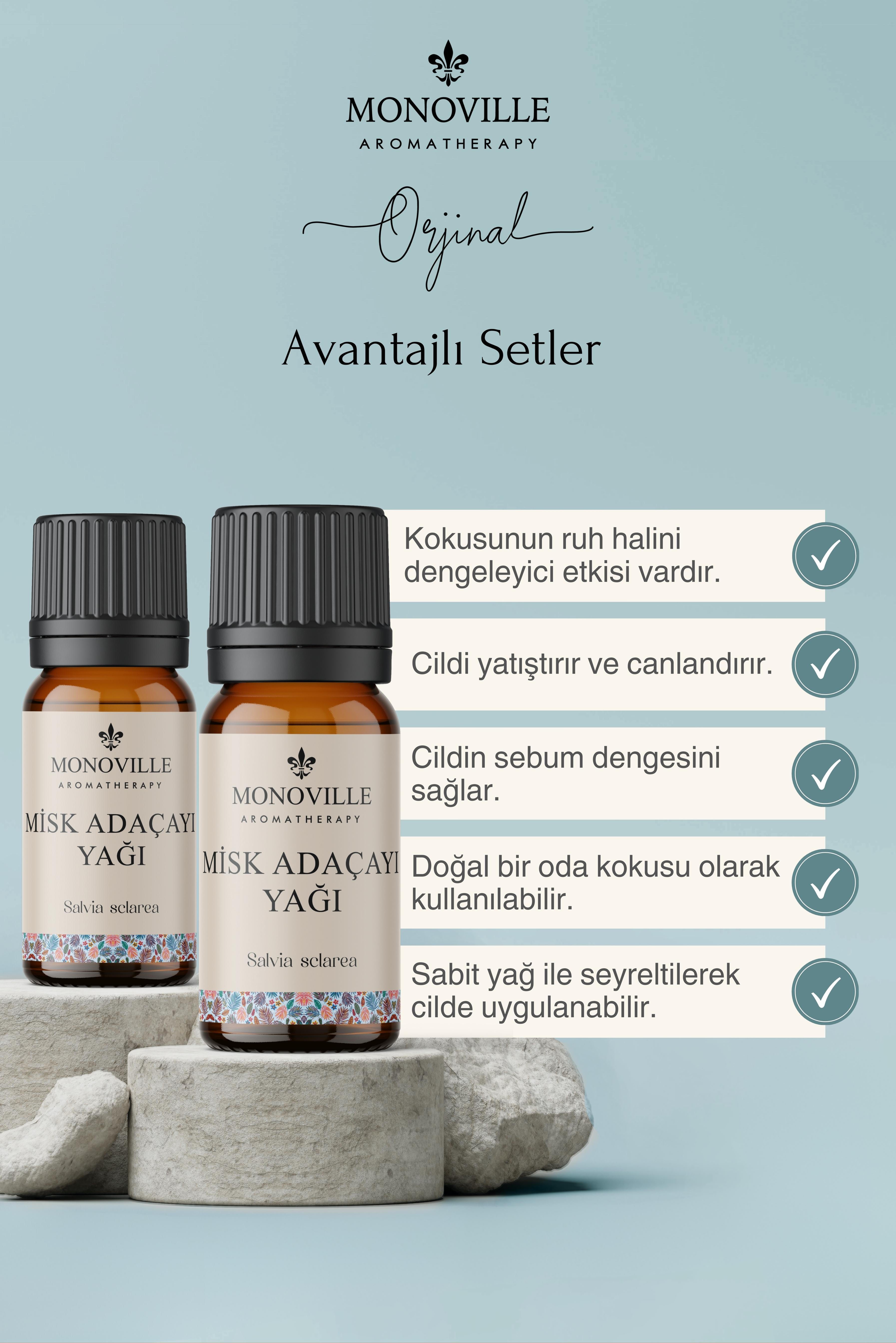 Monoville Misk Adaçayı Uçucu Yağı 2'li Set %100 Saf ve Doğal ( Clary Sage Essential Oil ) 2x10 ml