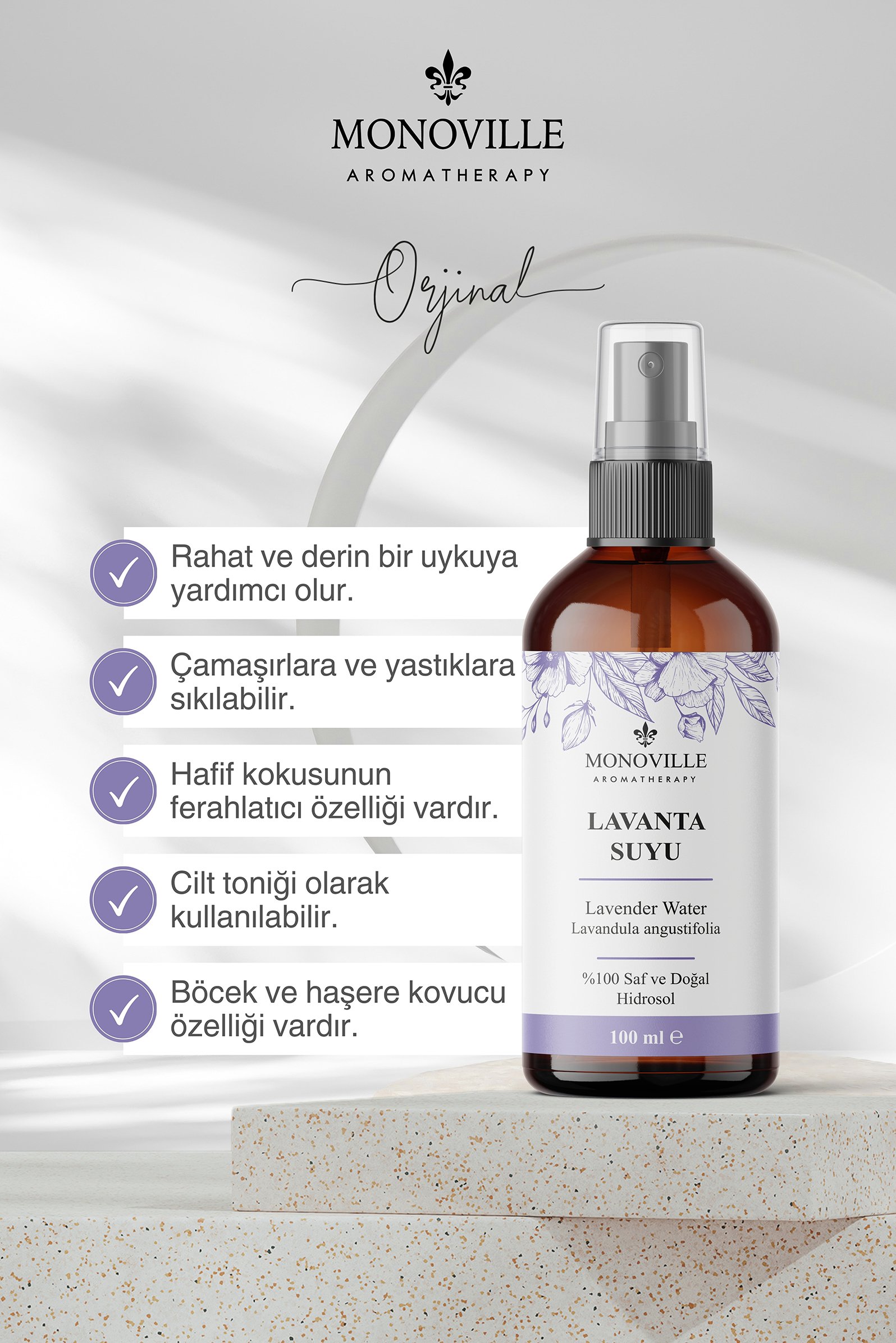 Monoville Lavanta Suyu 100 ml Cam Şişe %100 Saf ve Doğal (Lavender Water)