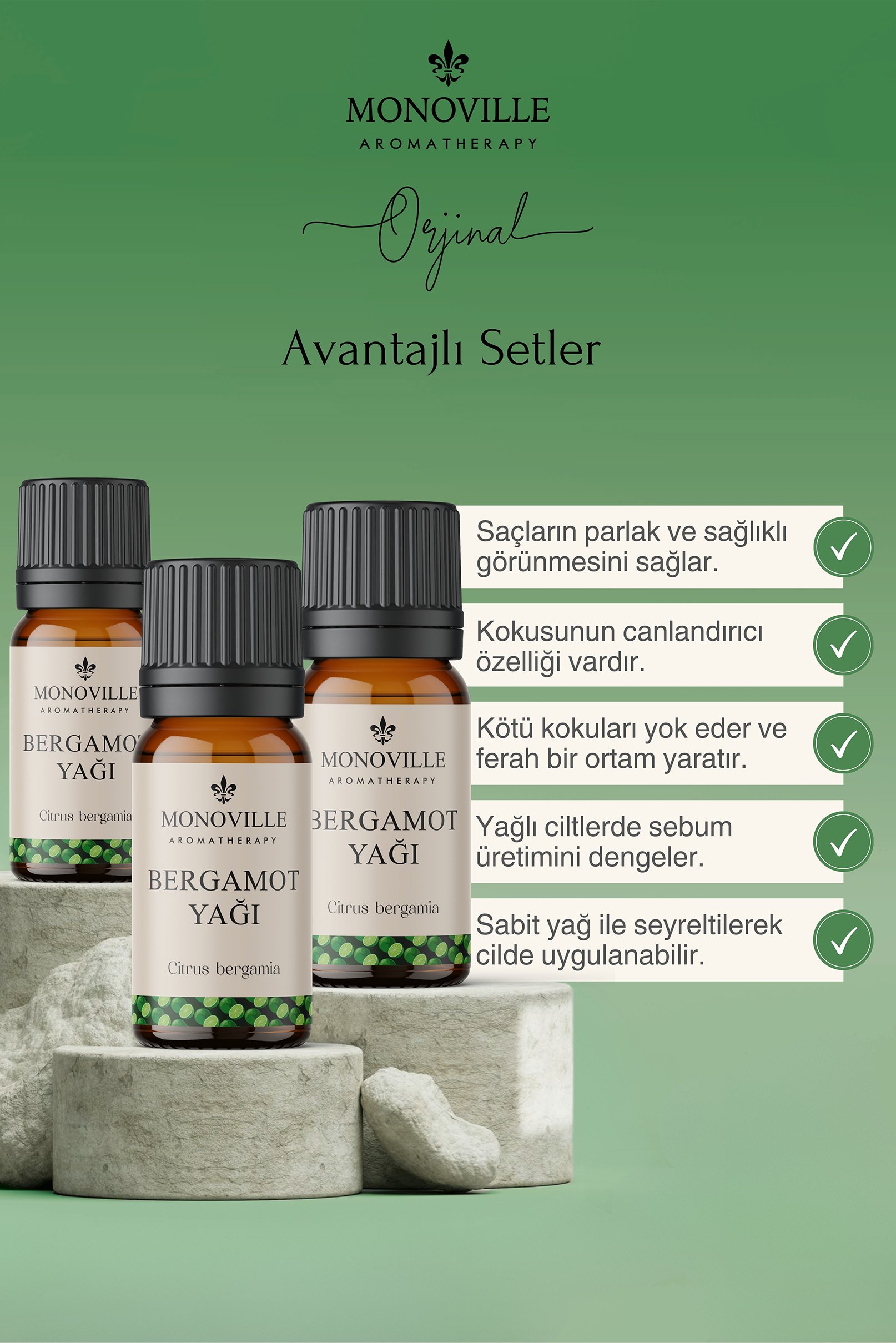 Monoville Bergamot Uçucu Yağı 3'lü Set %100 Saf ve Doğal ( Bergamot Essential Oil) 3x10 ml