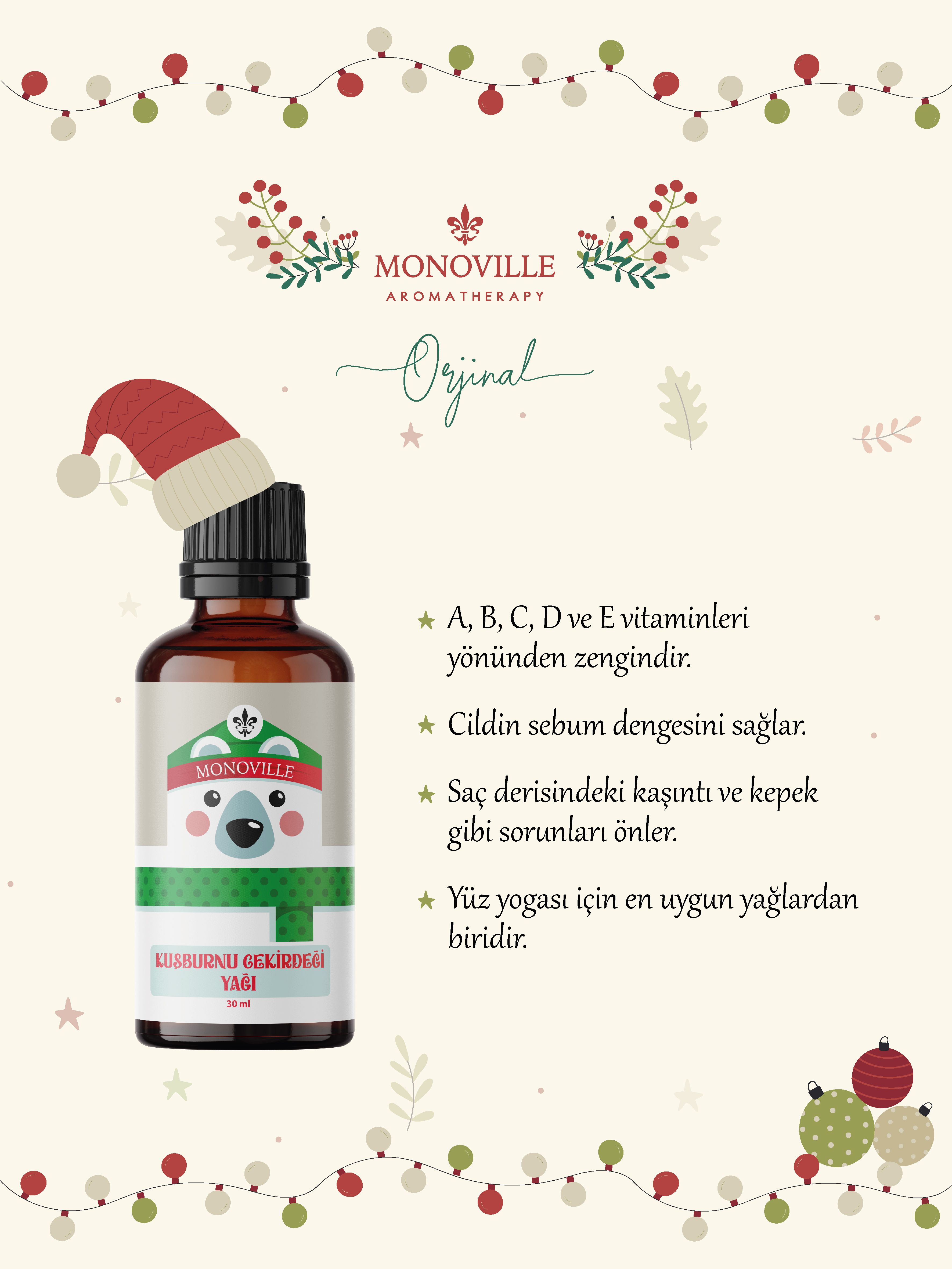 Monoville Jojoba Yağı 30 ml, Üzüm Yağı 30 ml, Kuşburnu Yağı 30 ml ( Yeni Yıl Hediye Seti ) 3x30 ml