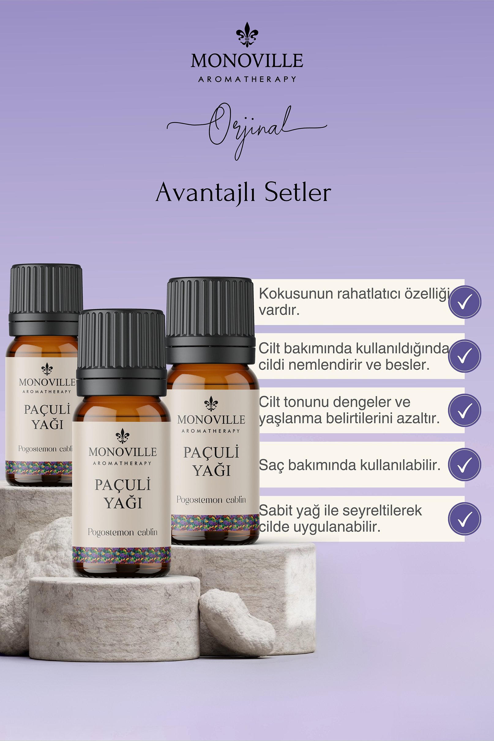 Monoville Paçuli Uçucu Yağı 3'lü Set %100 Saf ve Doğal ( Patchouli Essential Oil) 3x10 ml