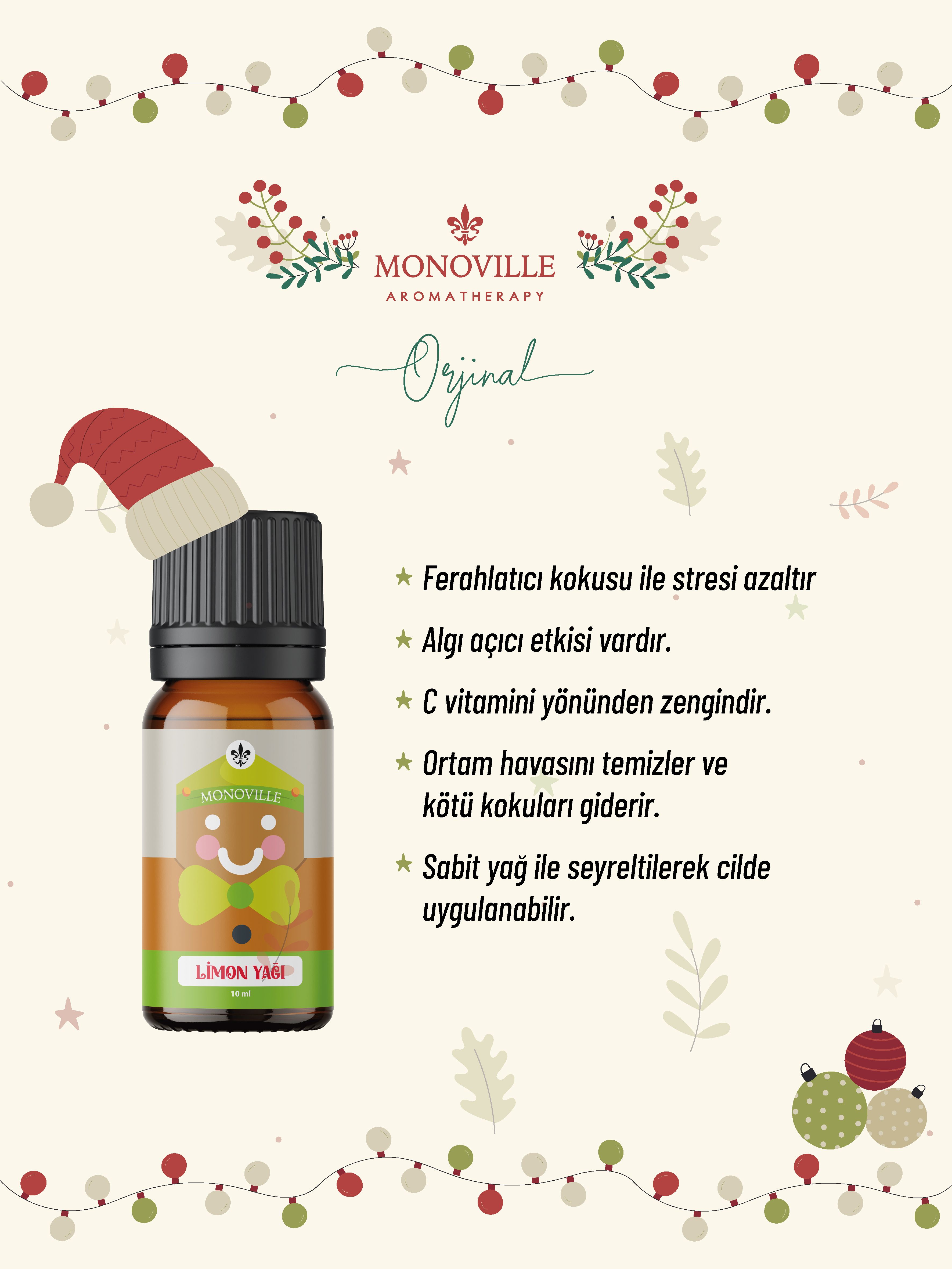 Monoville Limon Uçucu Yağı 10 ml % 100 Saf ve Doğal Yeni Yıl Hediye ( Lemon Essential Oil )