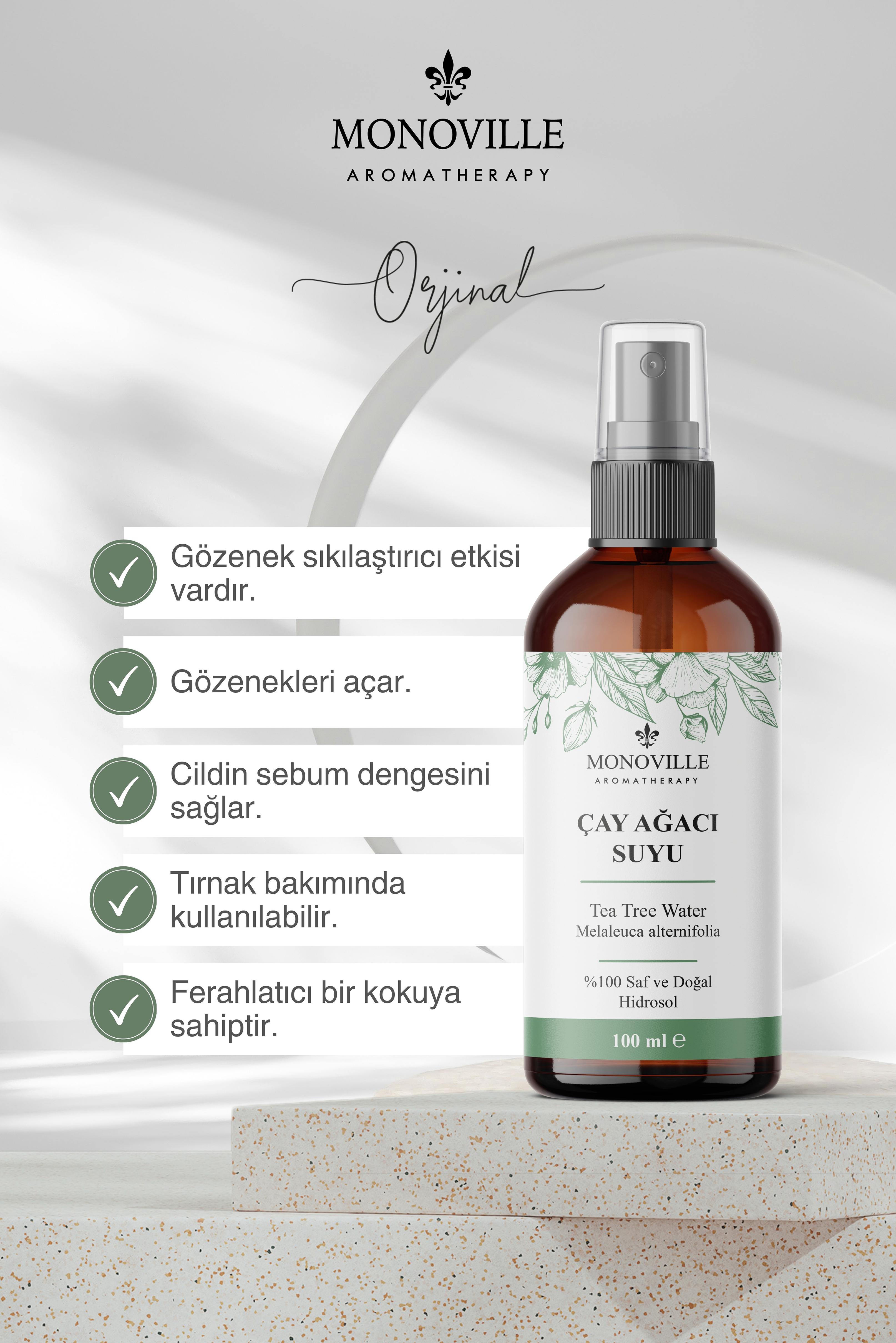 Monoville Çay Ağacı Suyu 100 ml Cam Şişe %100 Saf ve Doğal (Tea Tree Water)