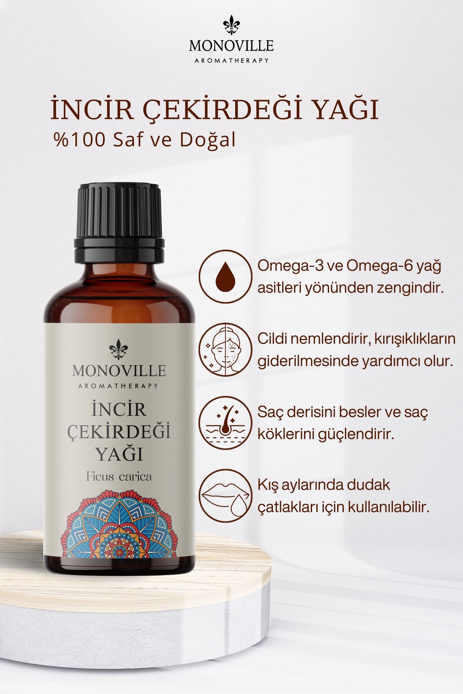 Monoville İncir Yağı 30 ml, Hint Yağı 30 ml, Çörek Otu 30 ml 3'lü Set %100 Saf Ve Doğal 3x30 ml