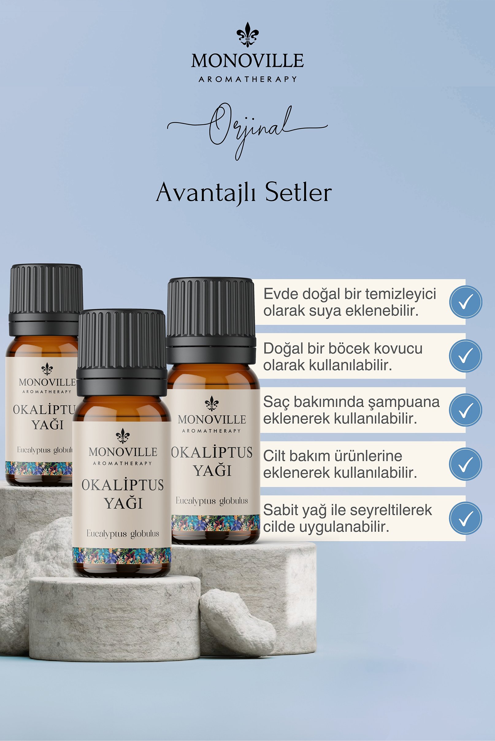 Monoville Okaliptus Uçucu Yağı 3'lü Set %100 Saf Vve Doğal ( Eucalyptus Essential Oil) 3x10 ml