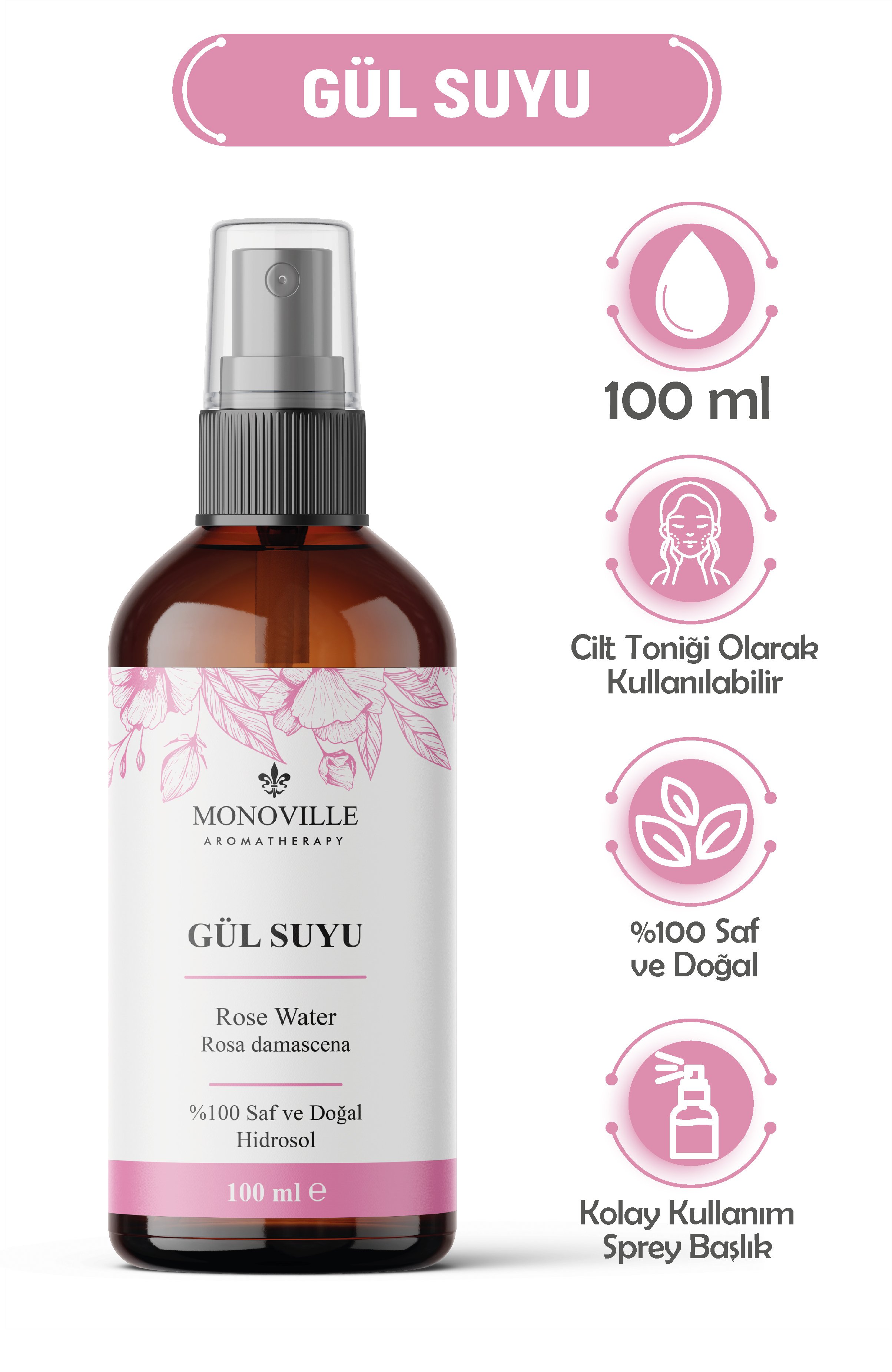 Monoville Gül Suyu 100 ml Cam Şişe %100 Saf ve Doğal (Rose Water)