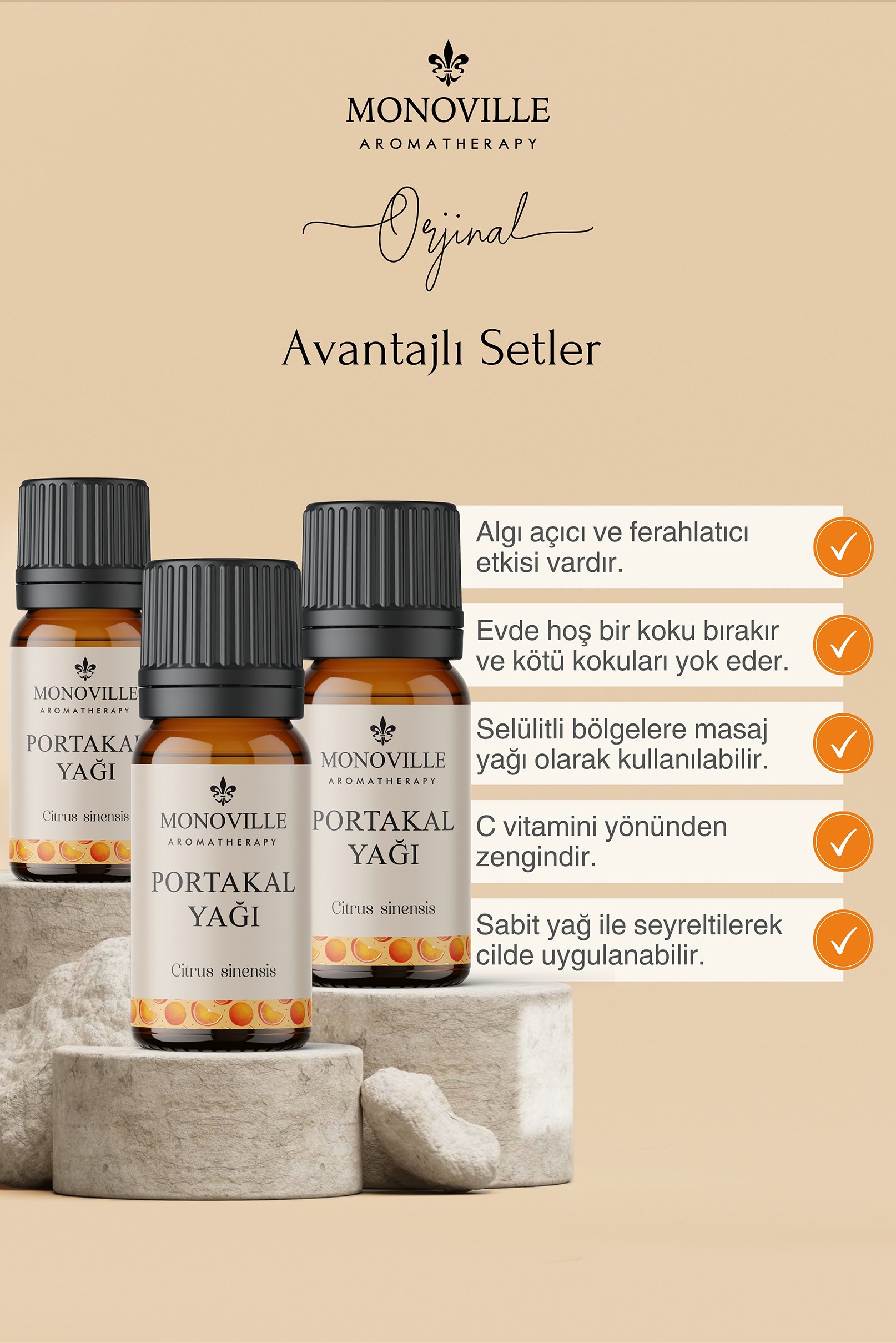 Monoville Portakal Uçucu Yağı 3'lü Set %100 Saf ve Doğal ( Orange Essential Oil) 3x10 ml