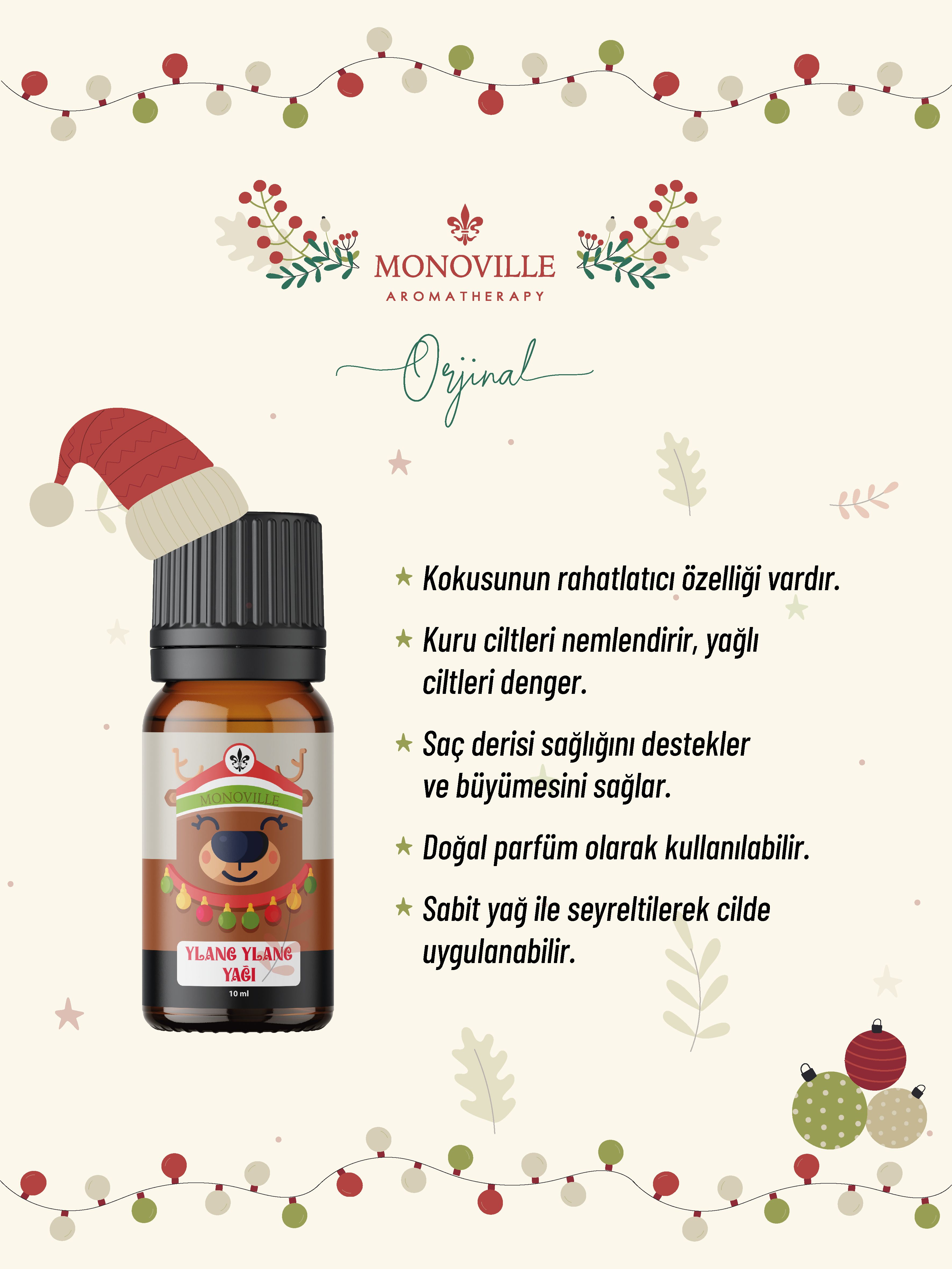 Monoville Nioli Yağı 10 ml, Ylang Ylang Yağı 10 ml, Lavanta Yağı 10 ml ( Yeni Yıl Hediye Seti ) 3x10 ml