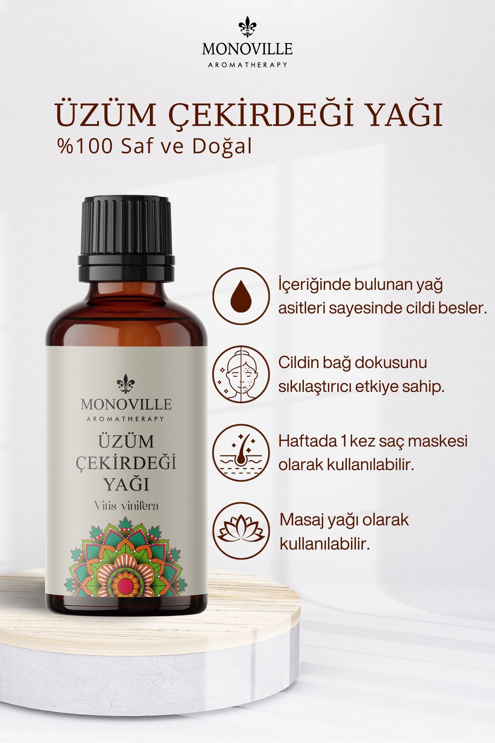 Monoville Üzüm Çekirdeği Yağı 30 ml Soğuk Sıkım %100 Saf Ve Doğal ( Grape Seed Oil )