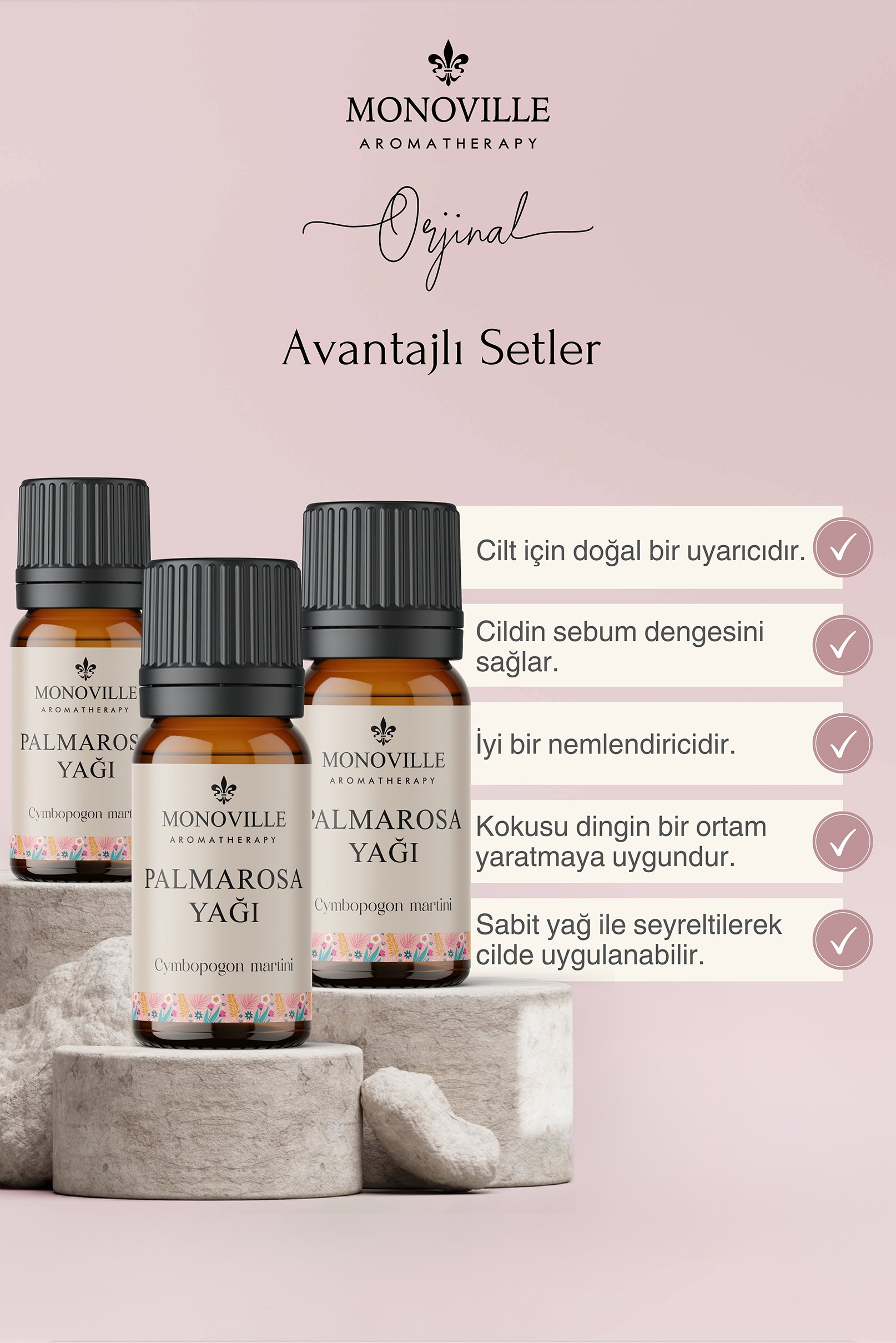 Monoville Palmarosa Uçucu Yağı 3'lü Set %100 Saf ve Doğal ( Palmarosa Essential Oil ) 3x10 ml