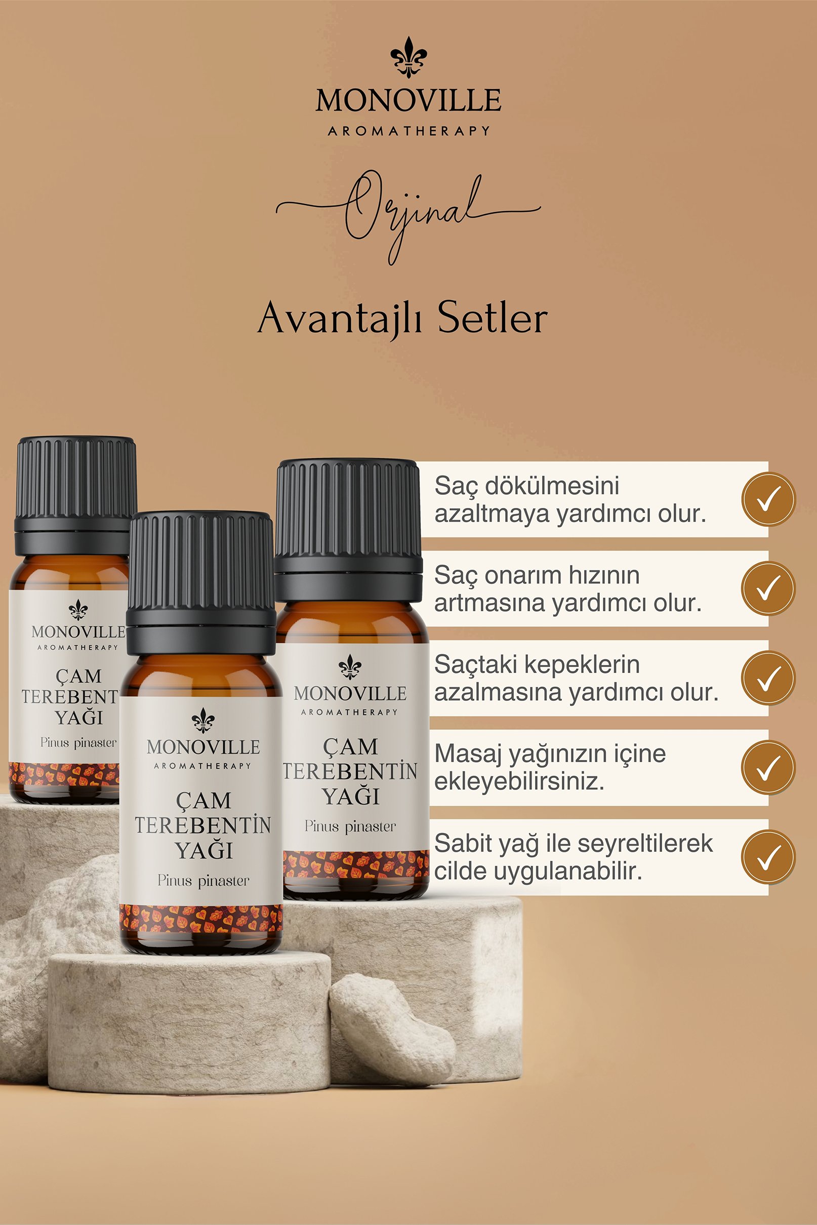 Monoville Çam Terebentin Uçucu Yağı 3'lü Set %100 Saf ve Doğal ( Pine Turpentine Essential Oil) 3x10 ml