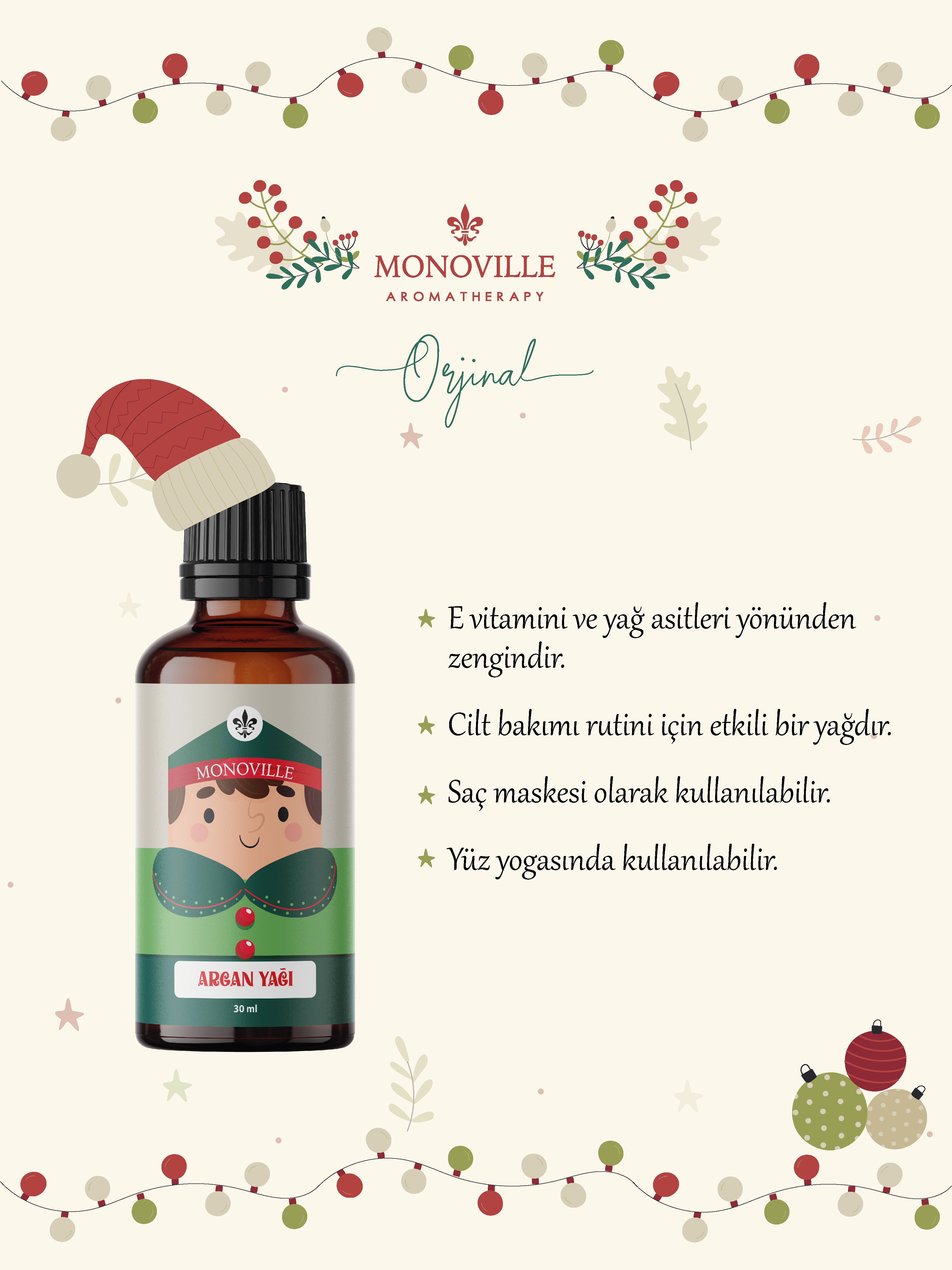 Monoville Jojoba Yağı 30 ml, Argan Yağı 30 ml, Kuşburnu Yağı 30 ml ( Yeni Yıl Hediye Seti ) 3x30