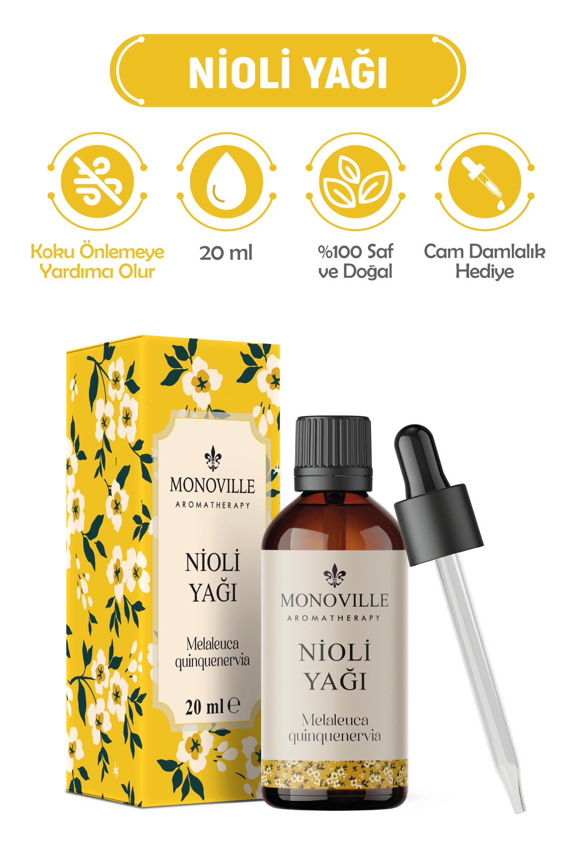 Monoville Nioli Uçucu Yağı 20 ml Cam Damlalıklı Özel Kutusunda %100 Saf ve Doğal (Niaouli Essential Oil)