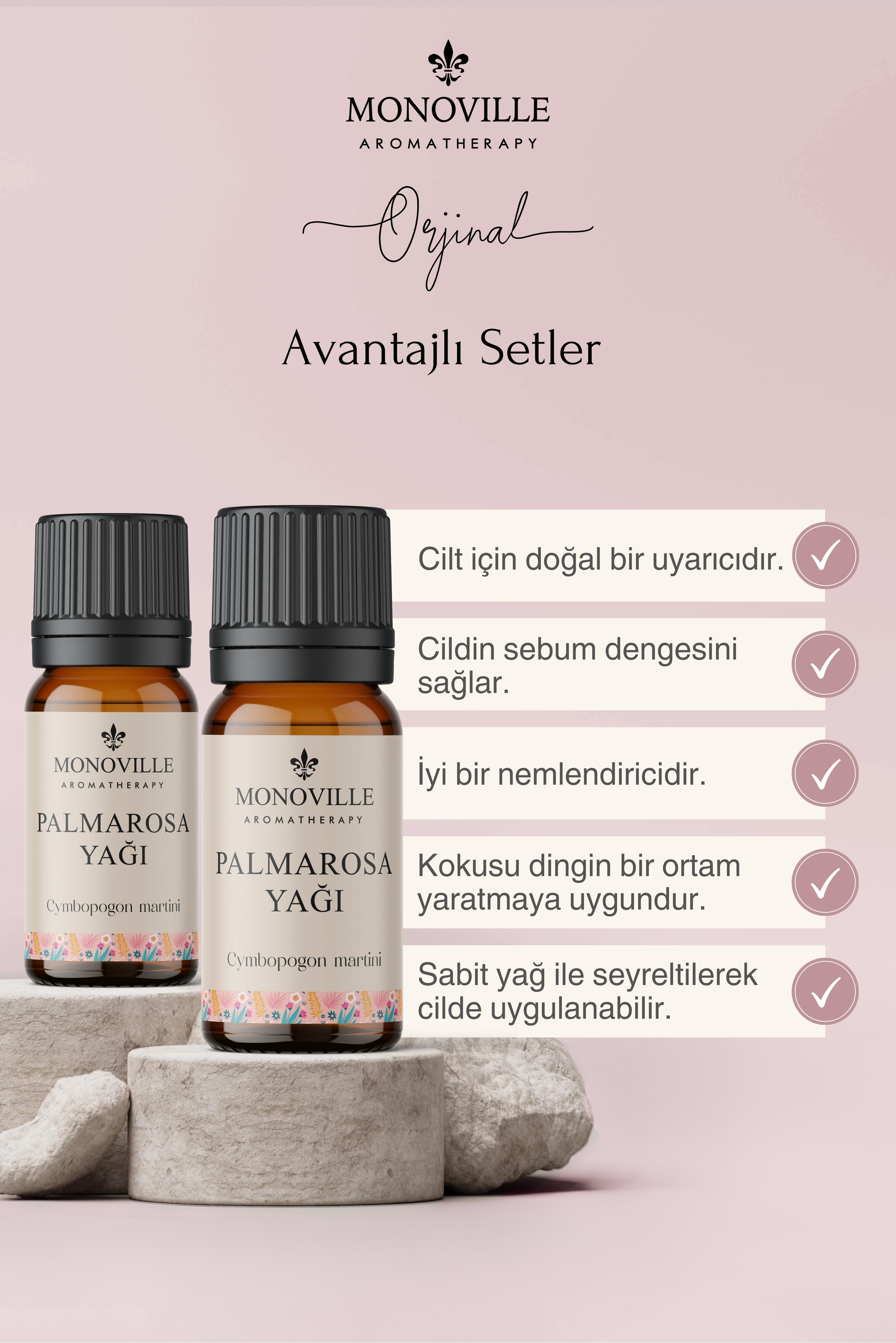 Monoville Palmarosa Uçucu Yağı 2'li Set %100 Saf ve Doğal ( Palmarosa Essential Oil) 2x10 ml