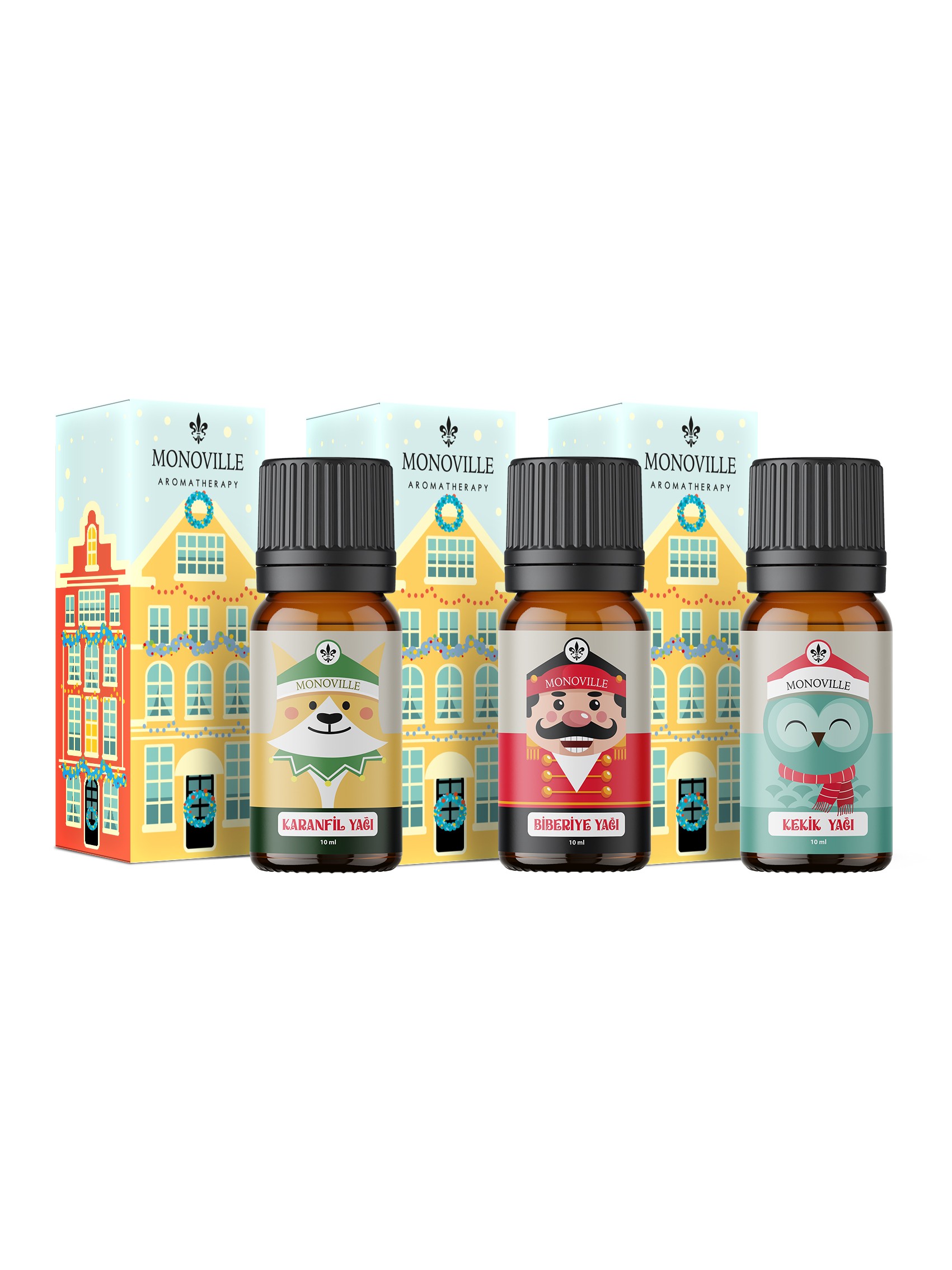 Monoville Karanfil Yağı 10 ml, Biberiye Yağı 10 ml, Kekik Yağı 10 ml ( Yeni Yıl Hediye Seti ) 3x10 ml