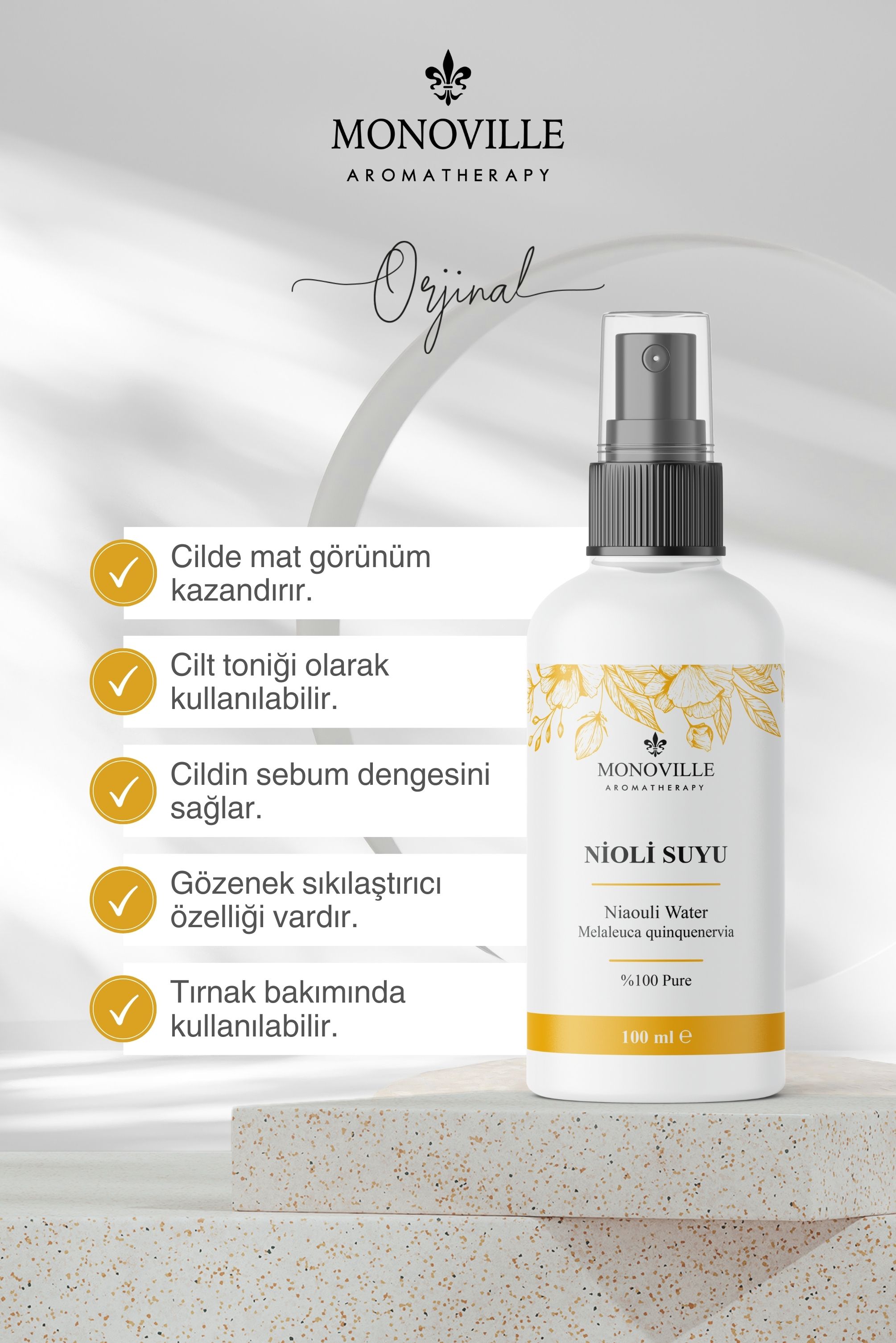 Monoville Nioli Suyu 100 ml Cam Şişe %100 Saf ve Doğal (Niaouli Water)