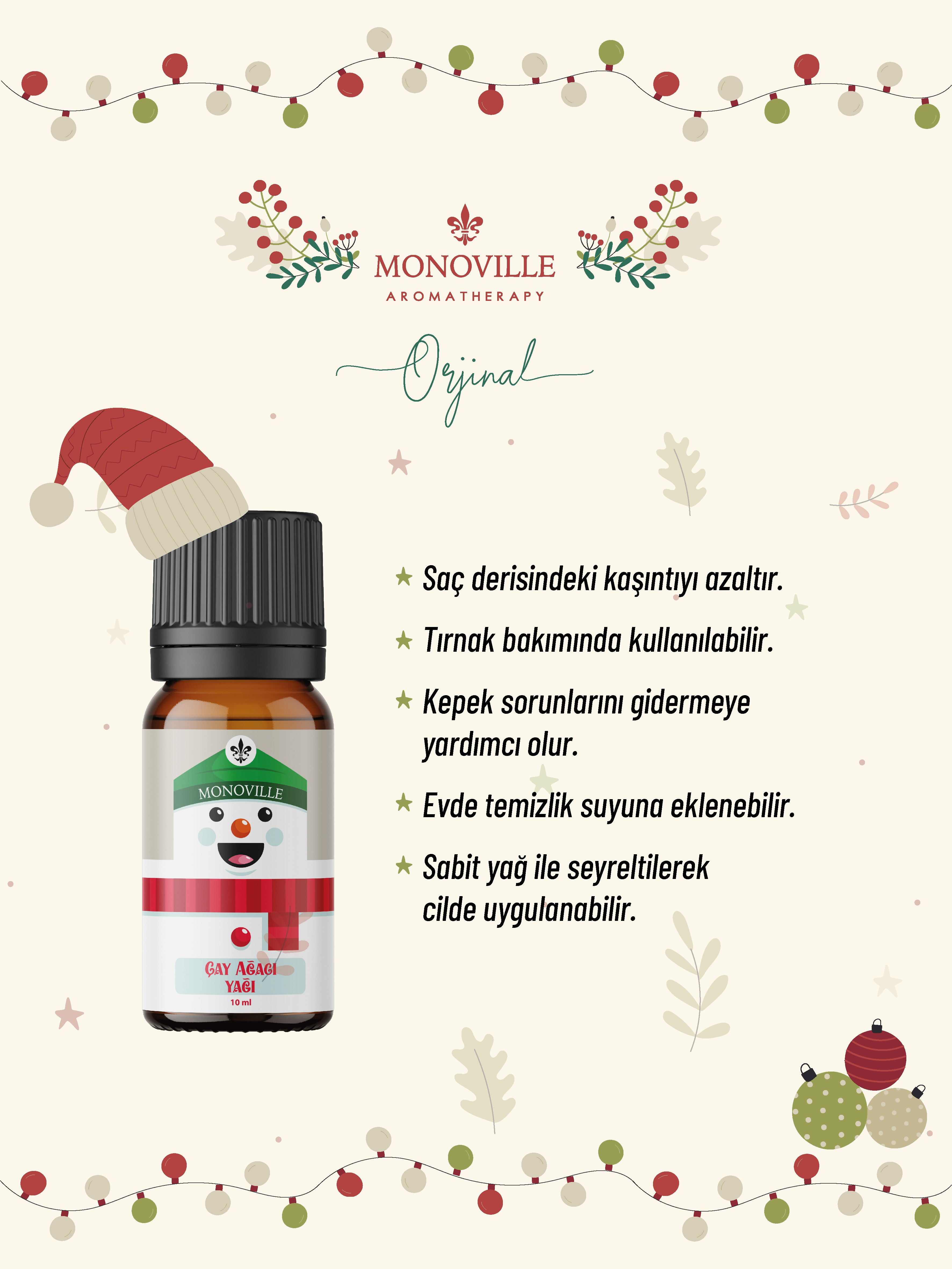 Monoville Çay Ağacı Uçucu Yağı 10 ml % 100 Saf Ve Doğal Yeni Yıl Hediye ( Tea Tree Essential Oil )