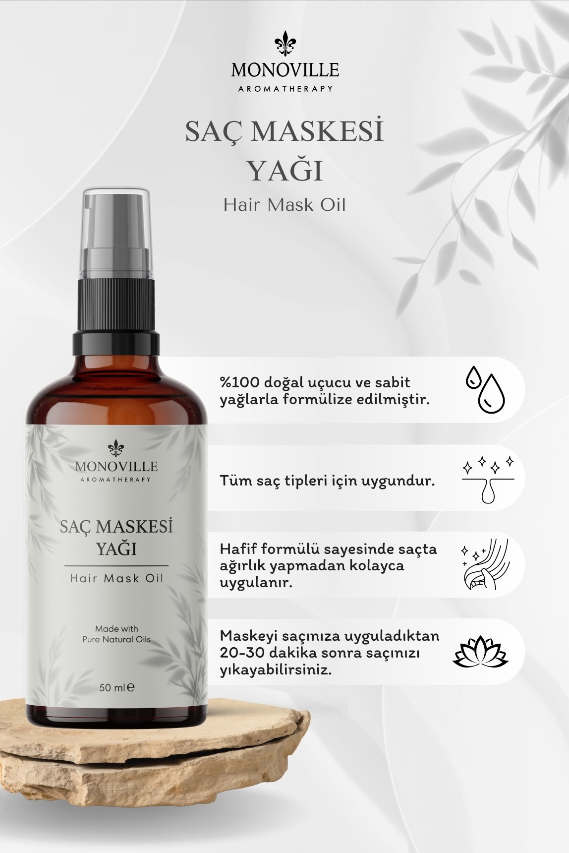 Saç Maskesi Yağı 50 ml Cam Şişede %100 Saf ve Doğal (Hair Mask Oil)