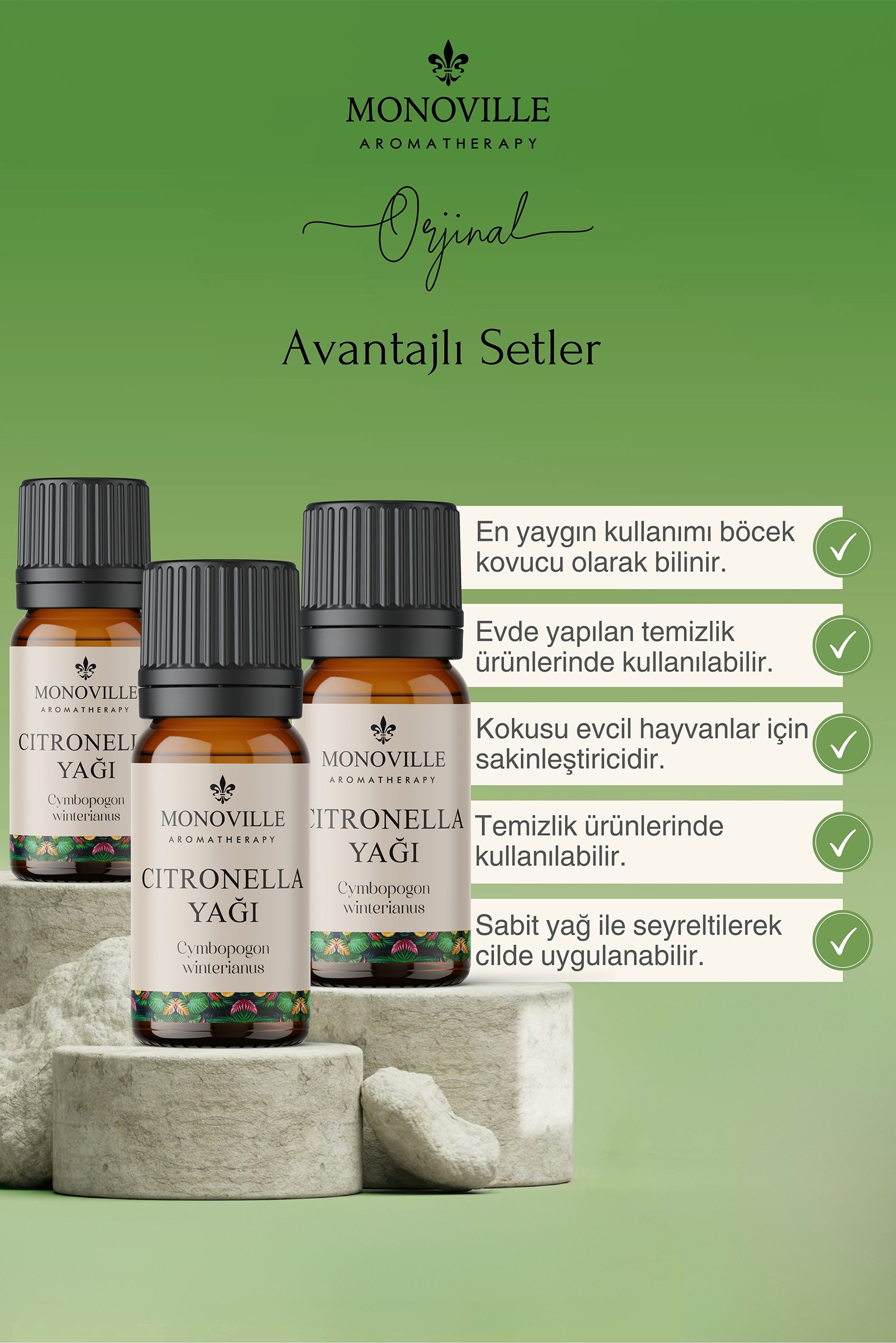 Monoville Citronella Uçucu Yağı 3'lü Set %100 Saf ve Doğal ( Citronella Essential Oil) 3x10 ml