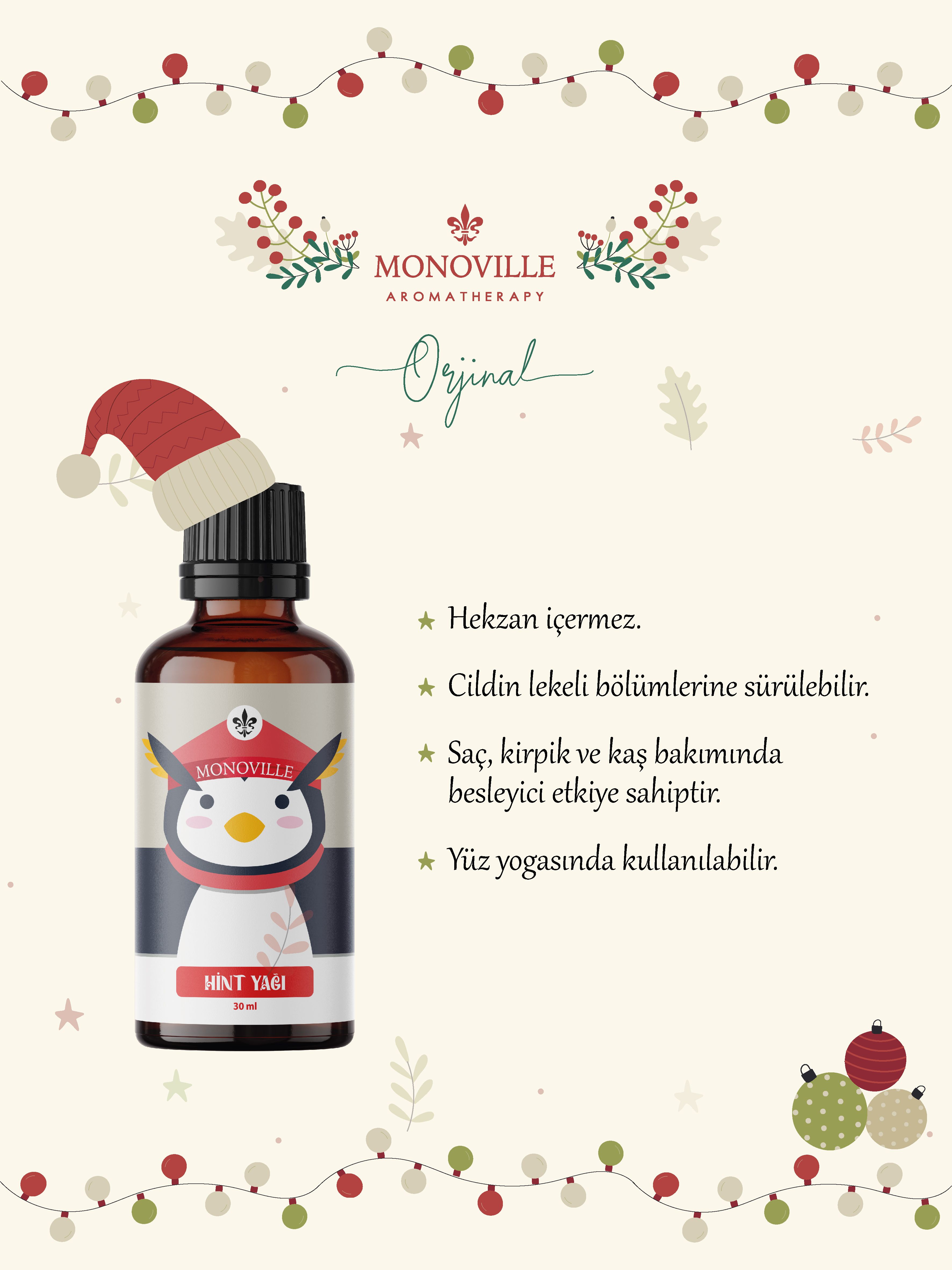 Monoville Jojoba Yağı 30 ml, Üzüm Yağı 30 ml, Hint Yağı 30 ml ( Yeni Yıl Hediye Seti ) 3x30 ml