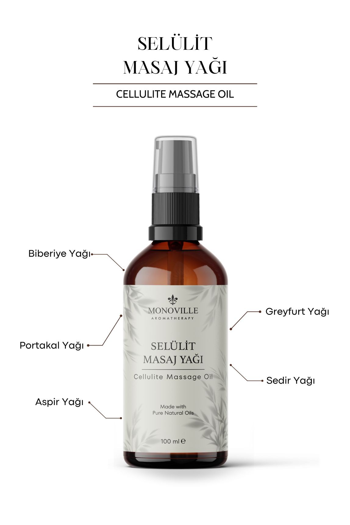 Monoville Selülit Masaj Yağı 100 ml Cam Şişede %100 Doğal (Cellulite Massage Oil)