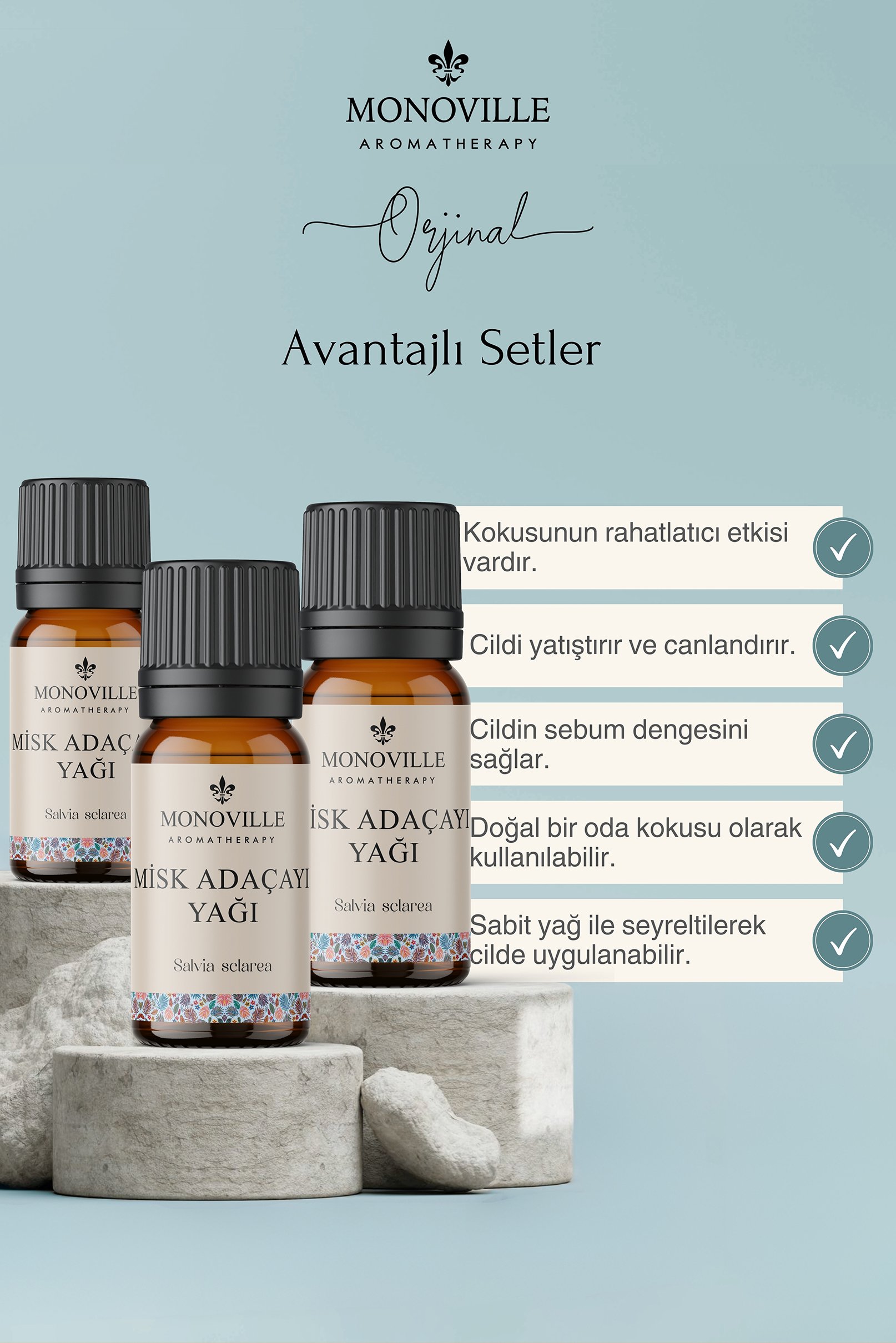 Monoville Misk Adaçayı Uçucu Yağı 3'lü Set %100 Saf ve Doğal ( Clary Sage Essential Oil) 3x10 ml