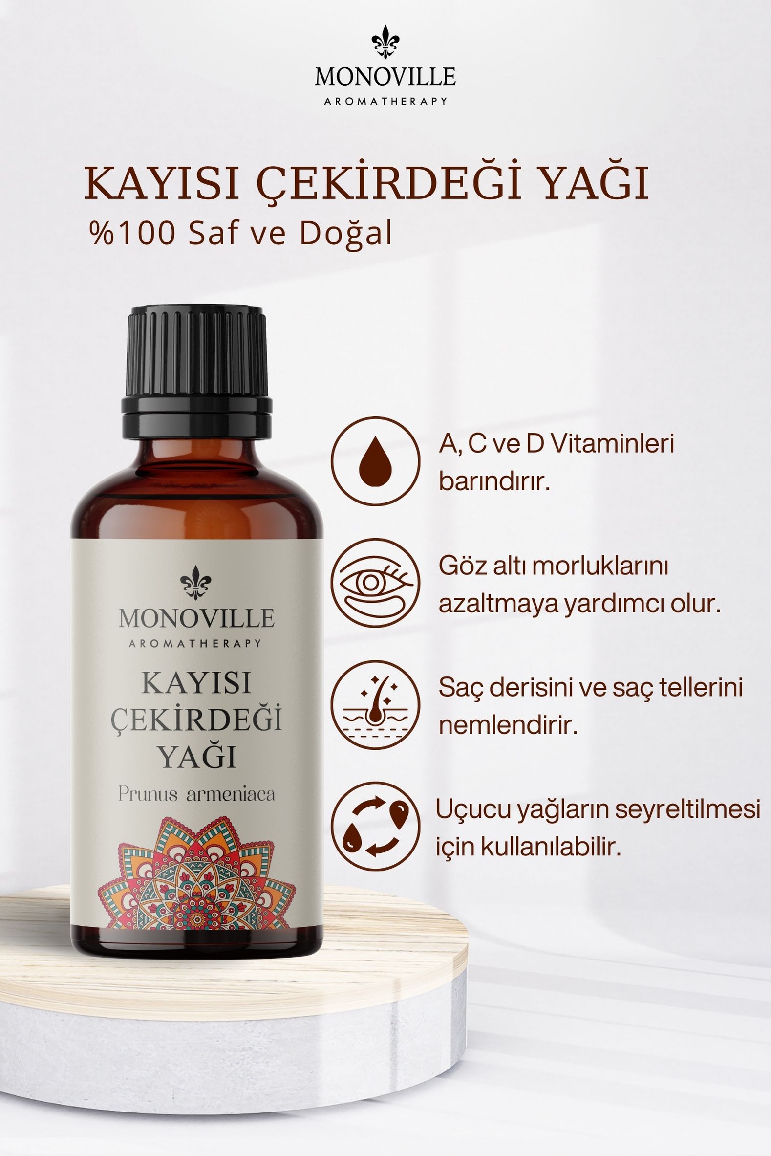 Monoville Kayısı Çekirdeği Yağı 30 ml Soğuk Sıkım %100 Saf Ve Doğal ( Apricot Kernel Carrier Oil )