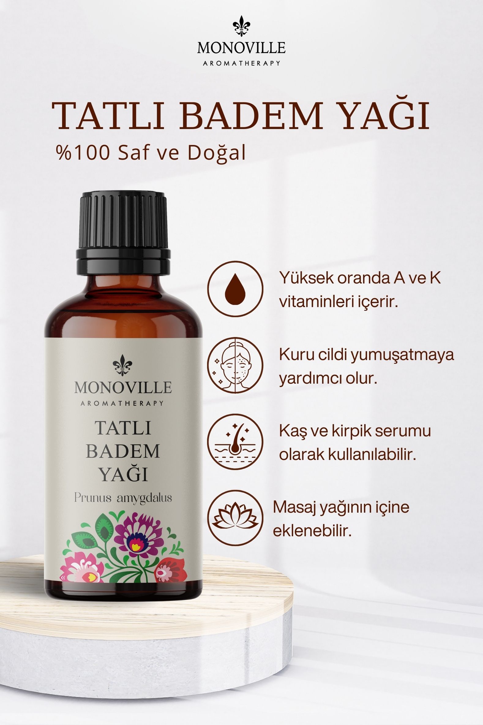 Monoville Tatlı Badem Yağı 30 ml Soğuk Sıkım %100 Saf Ve Doğal ( Sweet Almond Oil )