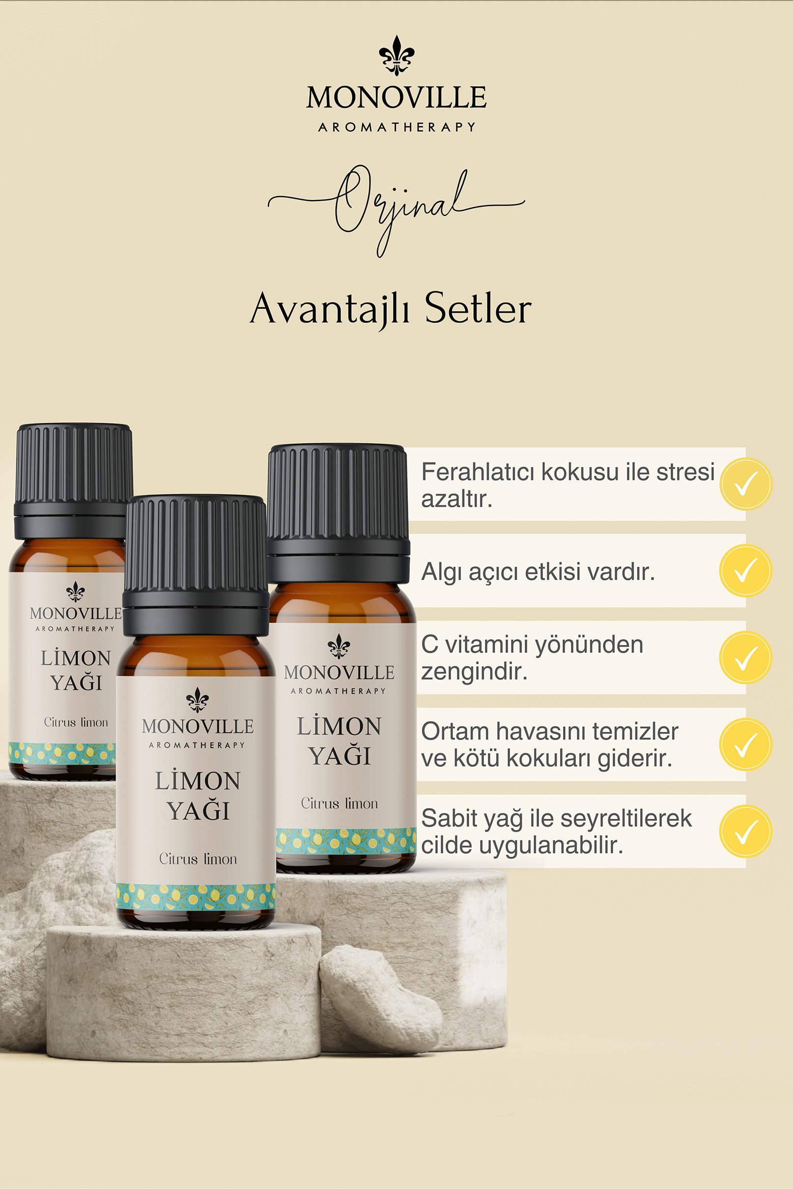 Monoville Limon Uçucu Yağı 3'lü Set %100 Saf ve Doğal ( Lemon Essential Oil) 3x10 ml