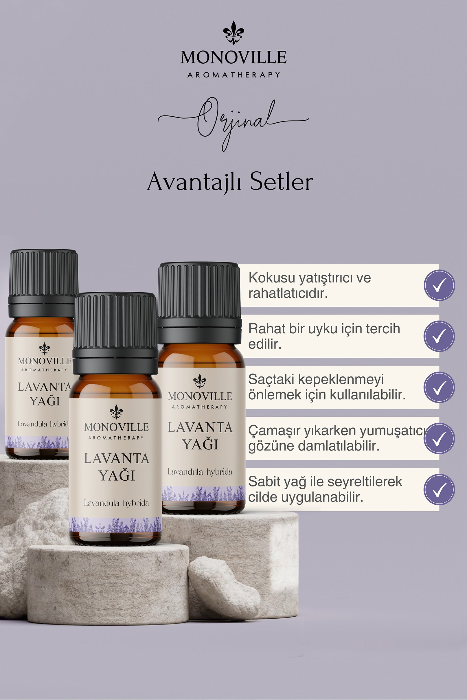 Monoville Lavanta Uçucu Yağı 3'lü Set %100 Saf ve Doğal ( Lavender Essential Oil) 3x10 ml