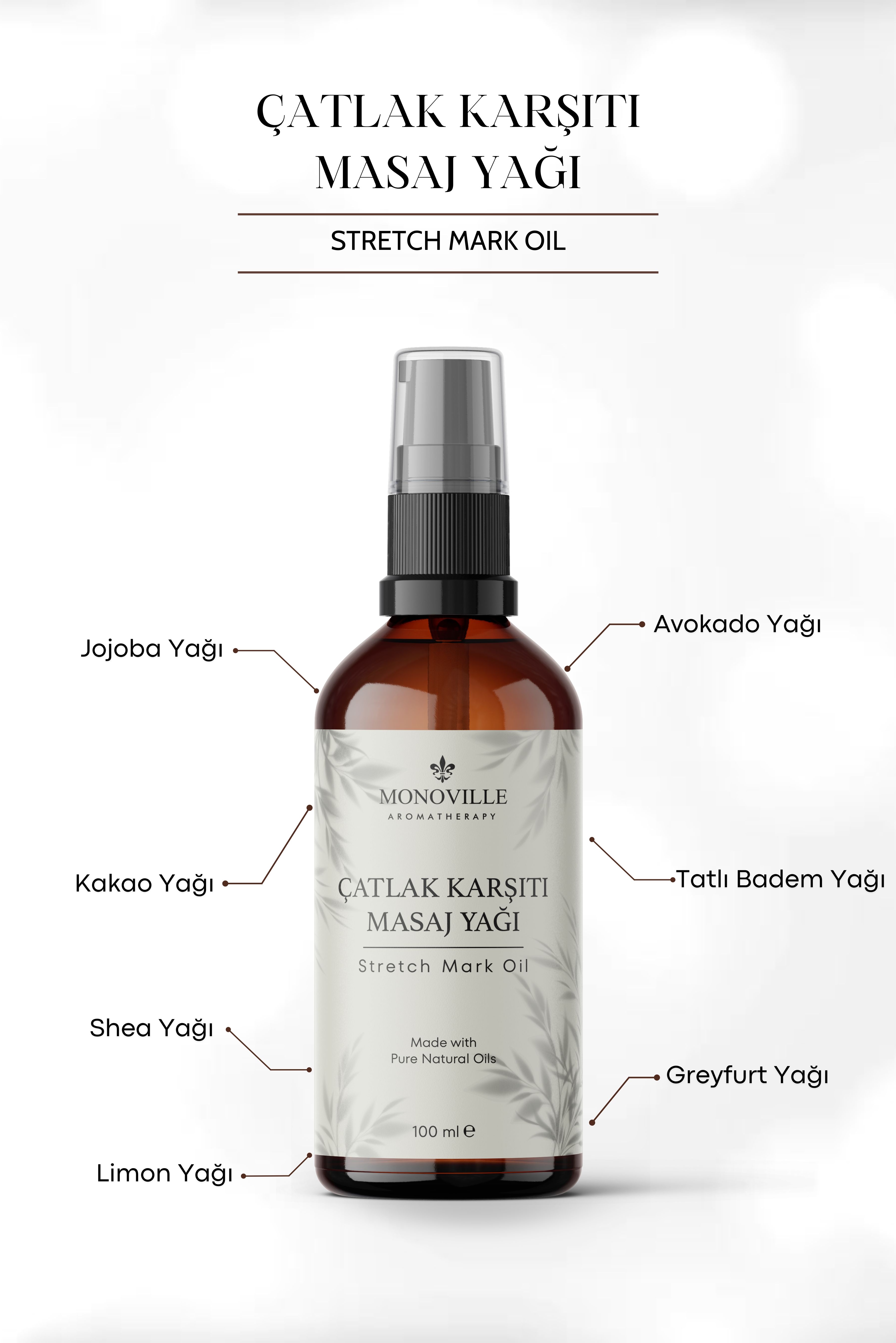 Monoville Çatlak Karşıtı Masaj Yağı 100 ml Cam Şişede %100 Doğal (Stretch Mark Oil)