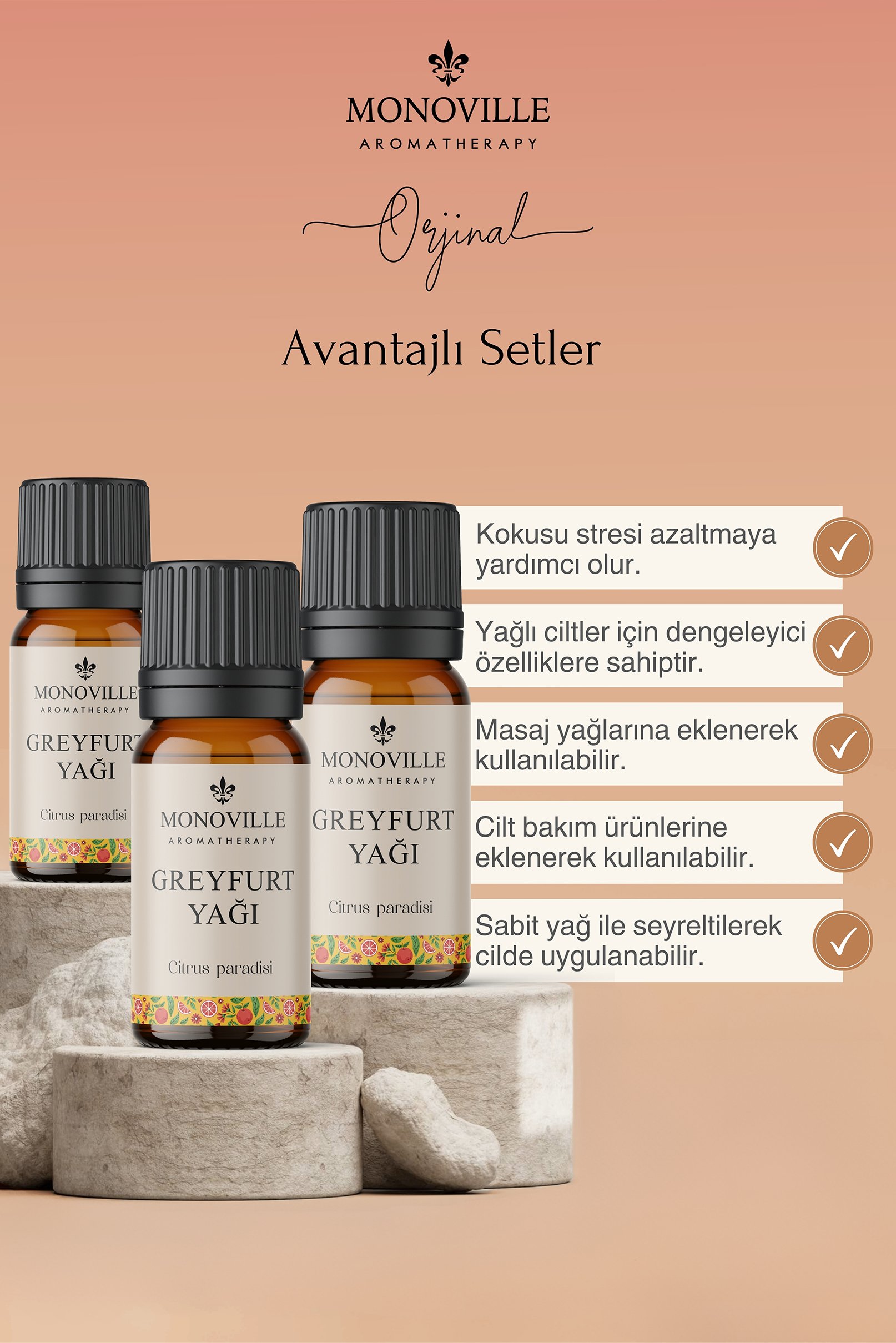 Monoville Greyfurt Uçucu Yağı 3'lü Set %100 Saf ve Doğal ( Grapefruit Essential Oil) 3x10 ml