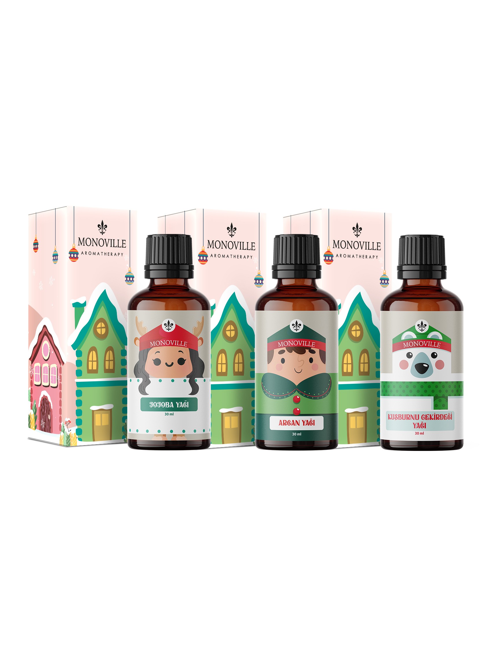 Monoville Jojoba Yağı 30 ml, Argan Yağı 30 ml, Kuşburnu Yağı 30 ml ( Yeni Yıl Hediye Seti ) 3x30