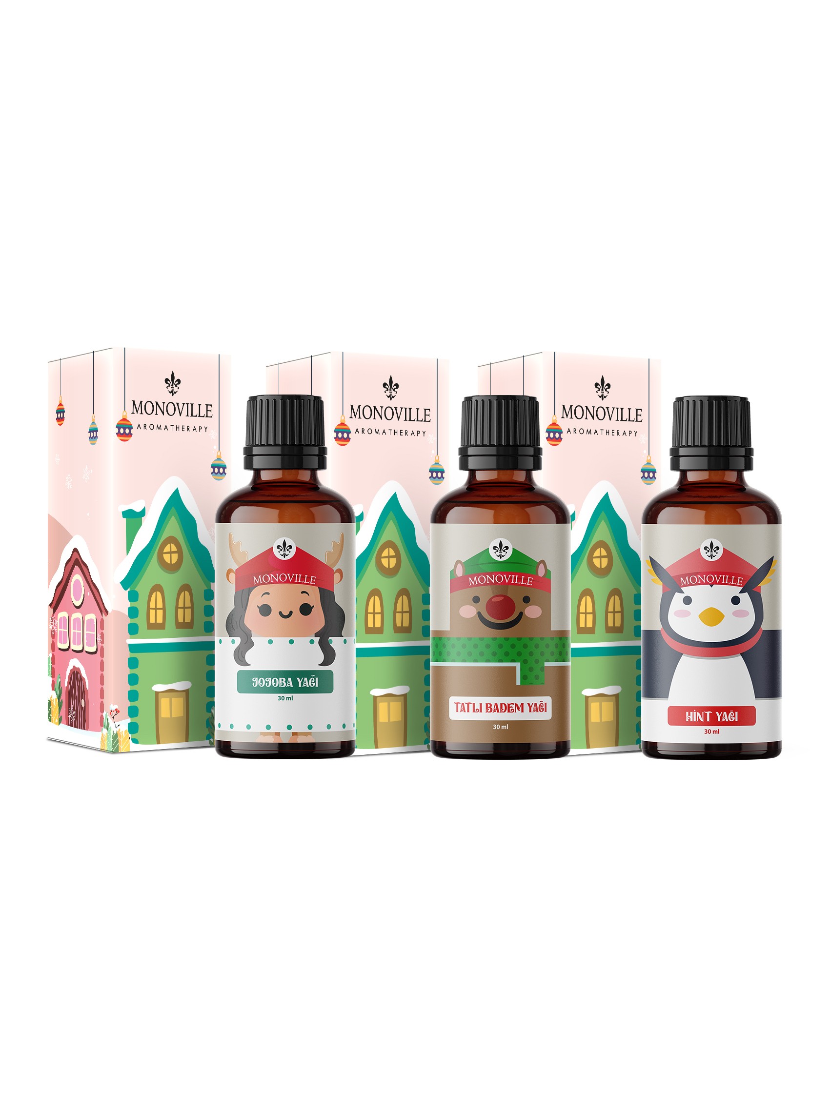 Monoville Jojoba Yağı 30 ml, Tatlı Badem Yağı 30 ml, Hint Yağı 30 ml ( Yeni Yıl Hediye Seti ) 3x30 ml