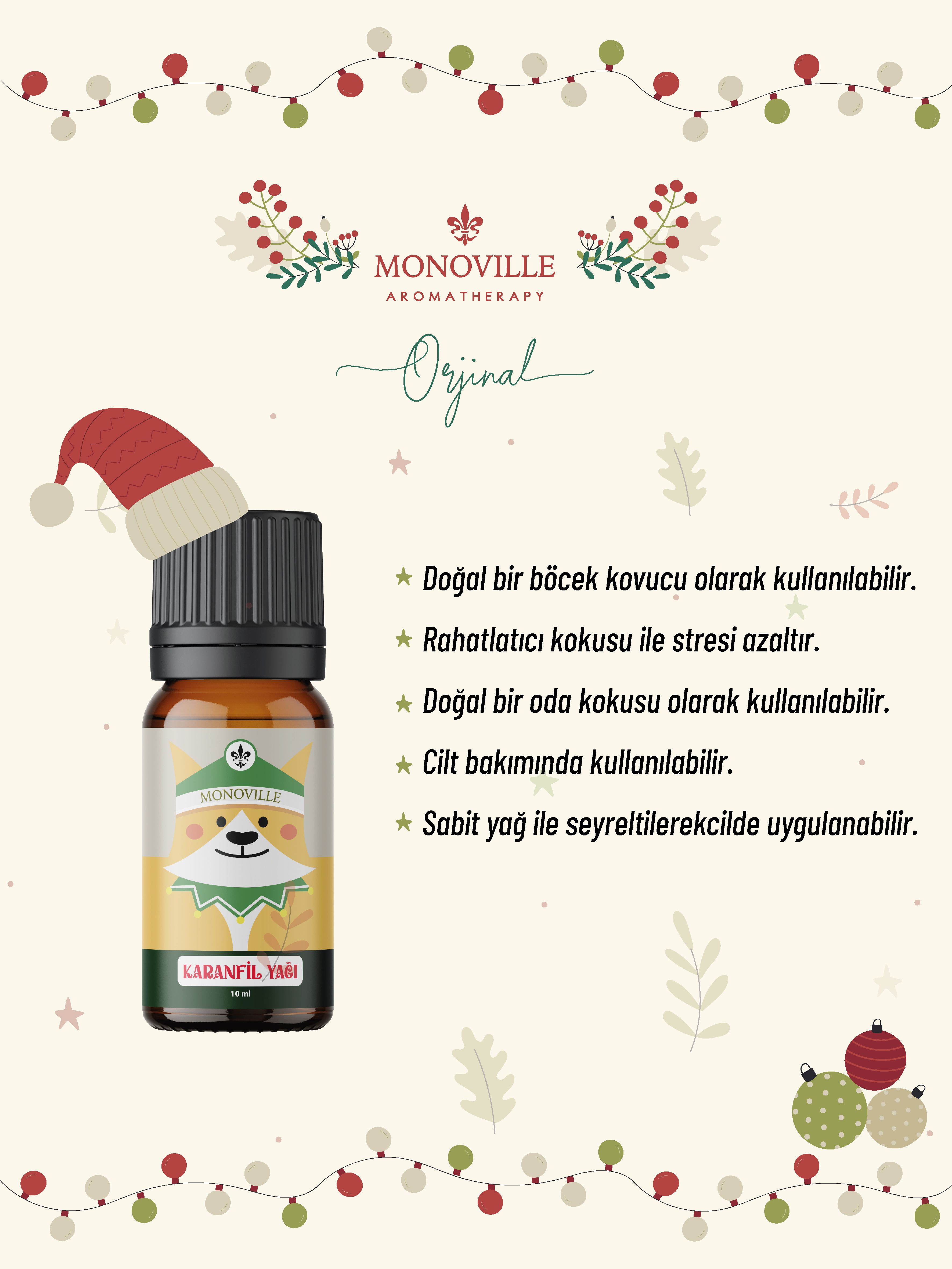 Monoville Karanfil Uçucu Yağı 10 ml % 100 Saf ve Doğal Yeni Yıl Hediye ( Clove Bud Essential Oil )