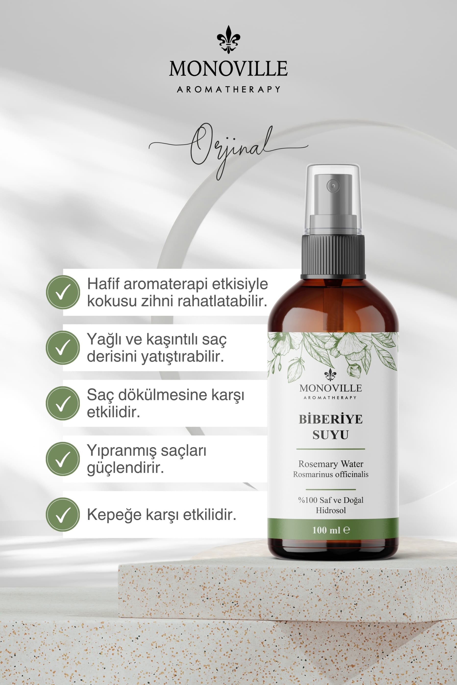 Biberiye Suyu Dökülme Karşıtı Ve Saç Uzamasını Destekleyici Saç Toniği %100 Doğal Ve Saf 100 ml