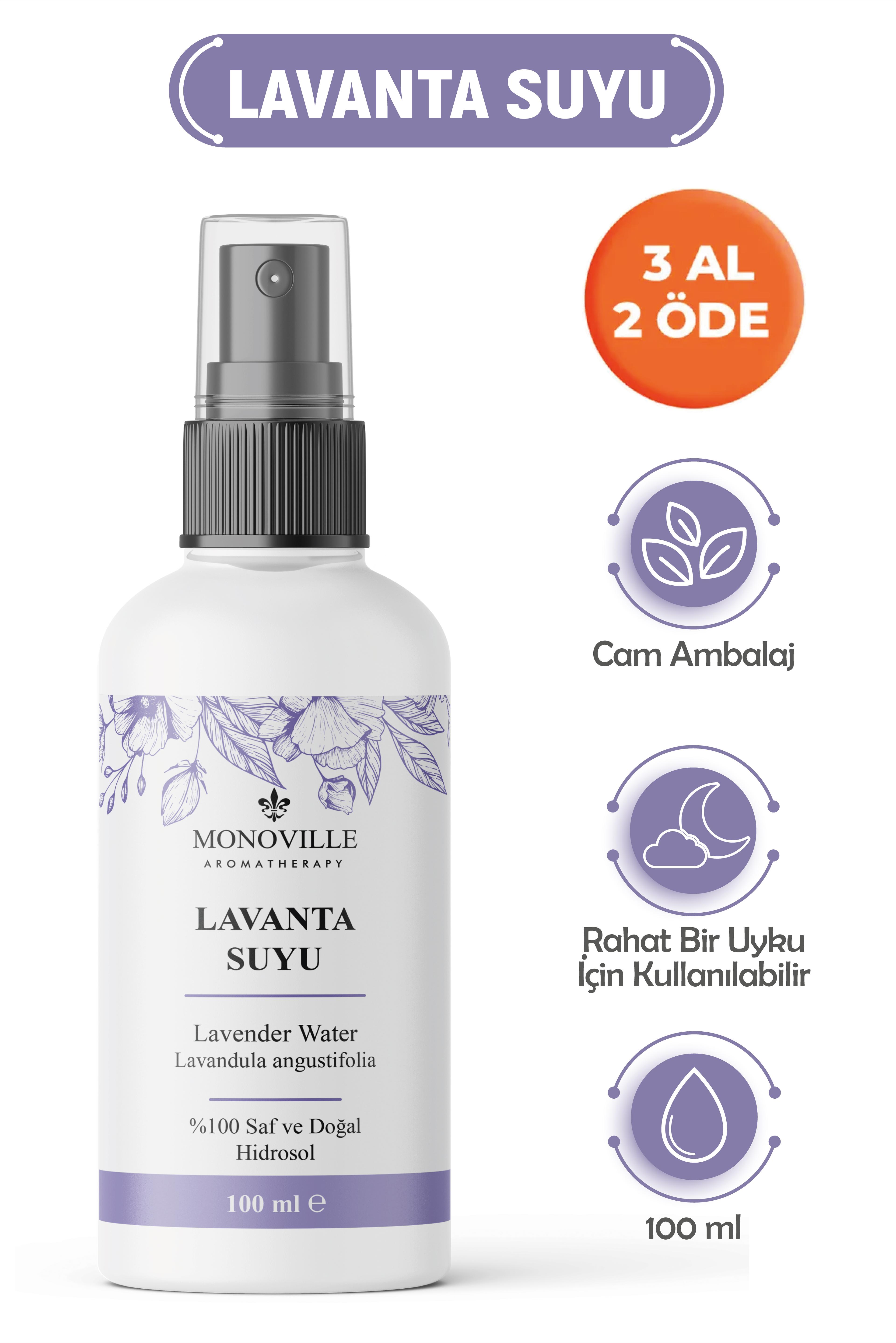 Monoville Lavanta Suyu 100 ml Cam Şişe %100 Saf ve Doğal (Lavender Water)
