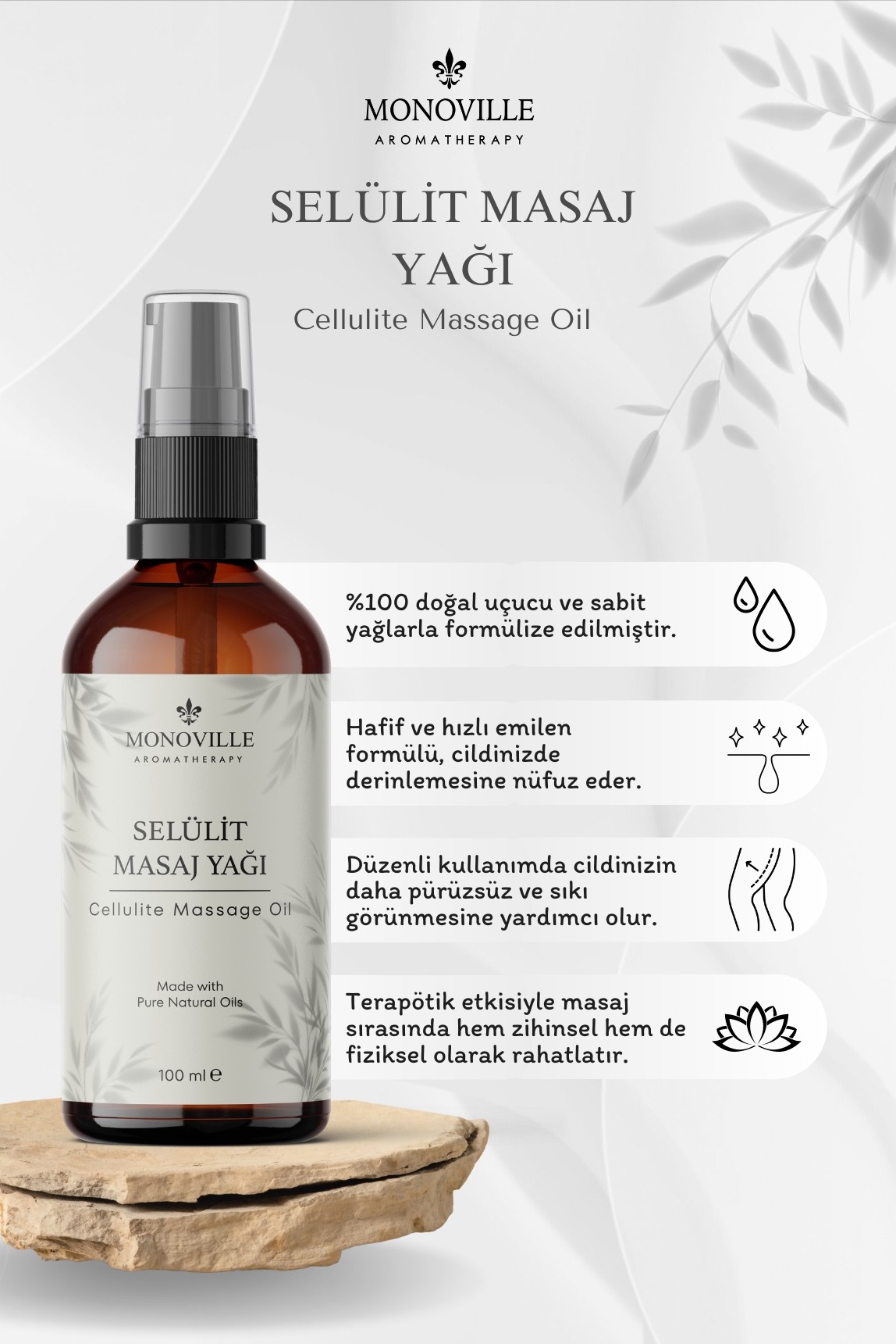 Monoville Selülit Masaj Yağı 100 ml Cam Şişede %100 Doğal (Cellulite Massage Oil)