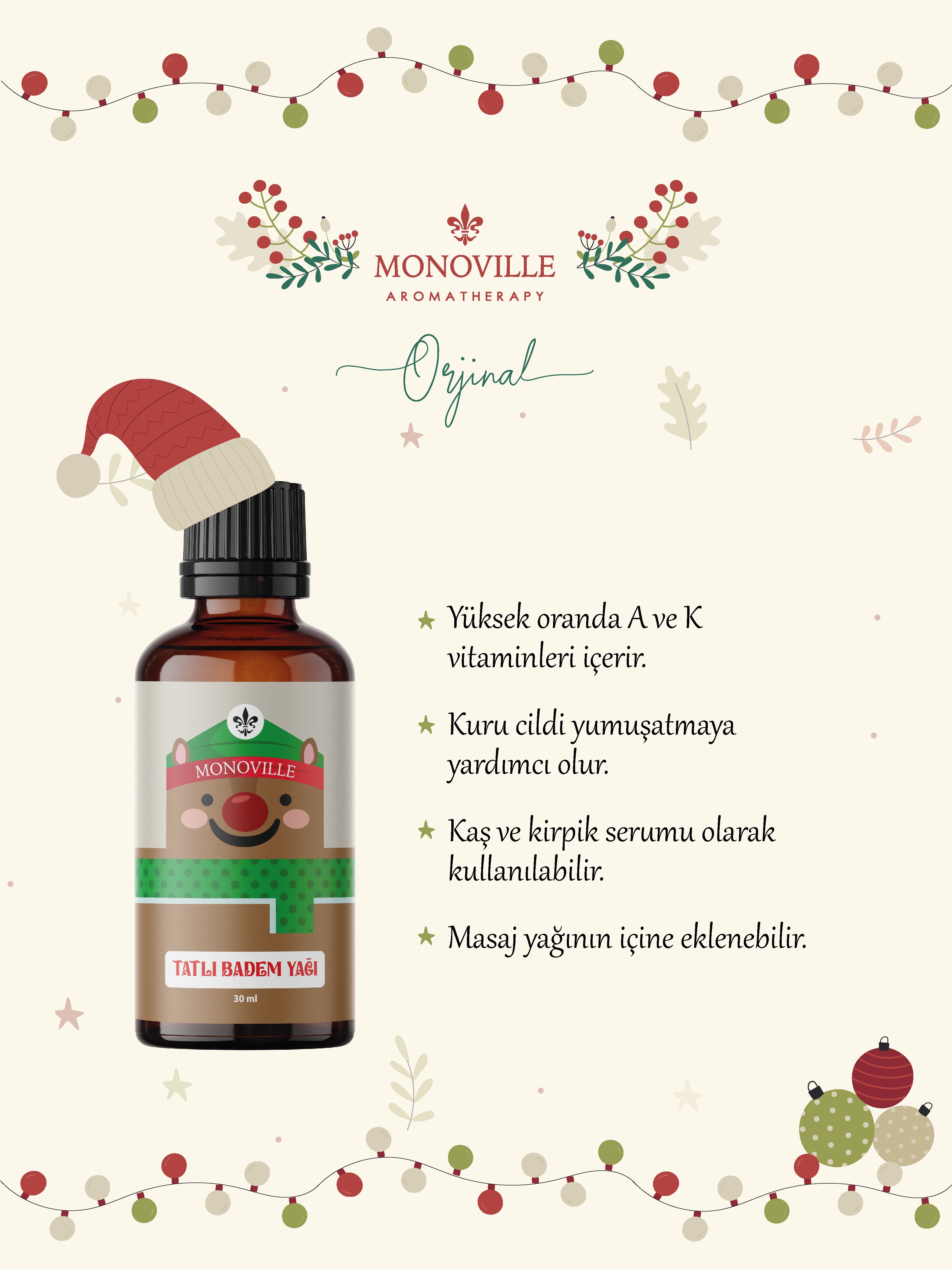 Monoville Tatlı Badem Yağı 30 ml Soğuk Sıkım % 100 Saf Ve Doğal Yeni Yıl Hediye ( Sweet Almond Oil )