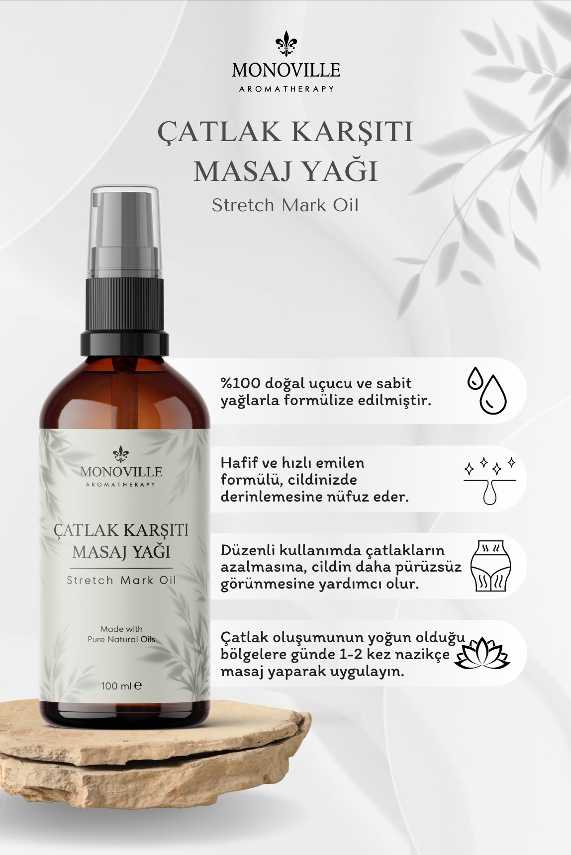 Monoville Çatlak Karşıtı Masaj Yağı 100 ml Cam Şişede %100 Doğal (Stretch Mark Oil)