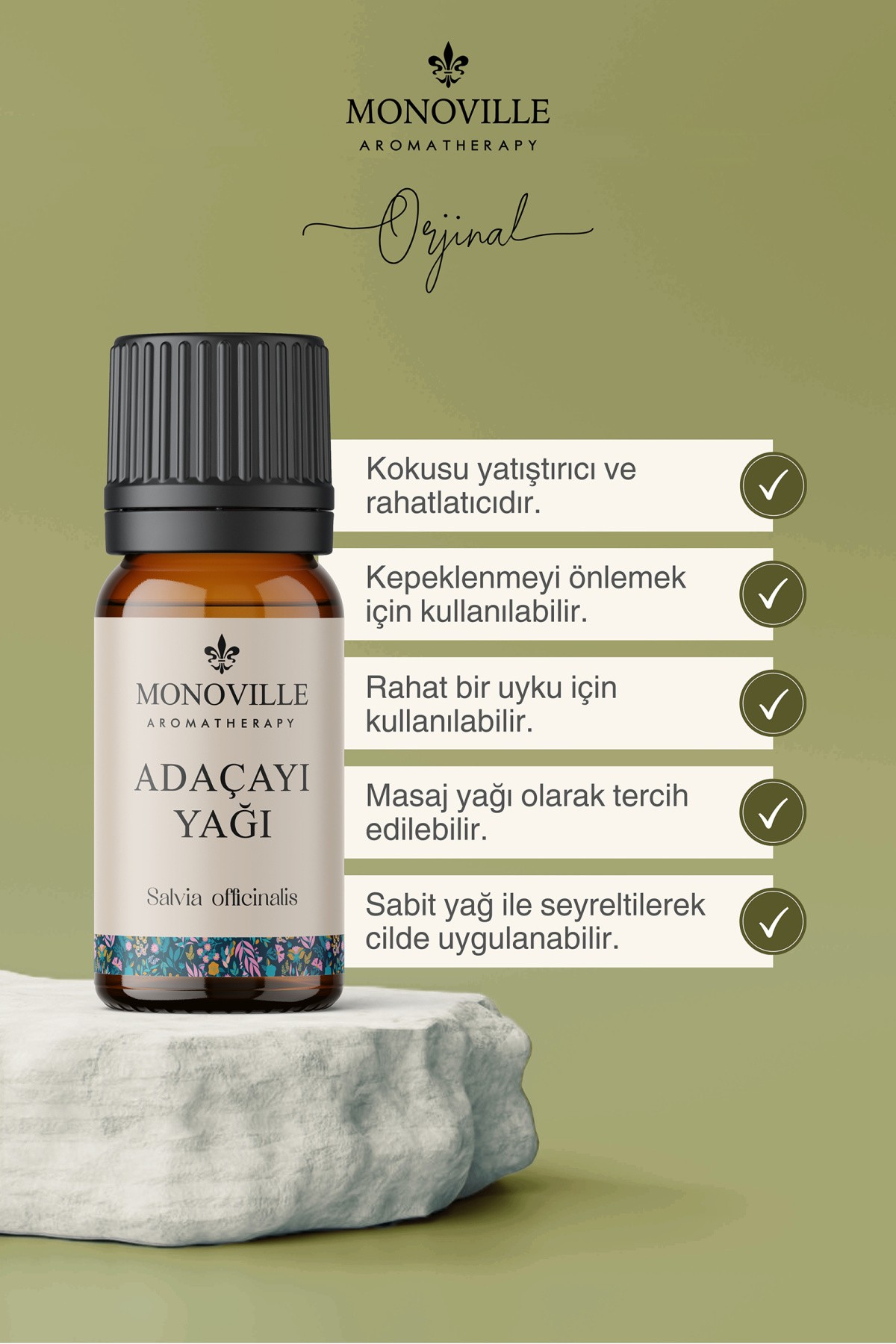 Monoville Adaçayı ( Acı Elma ) Uçucu Yağı 10 ml %100 Saf ve Doğal ( Sage Essential Oil )