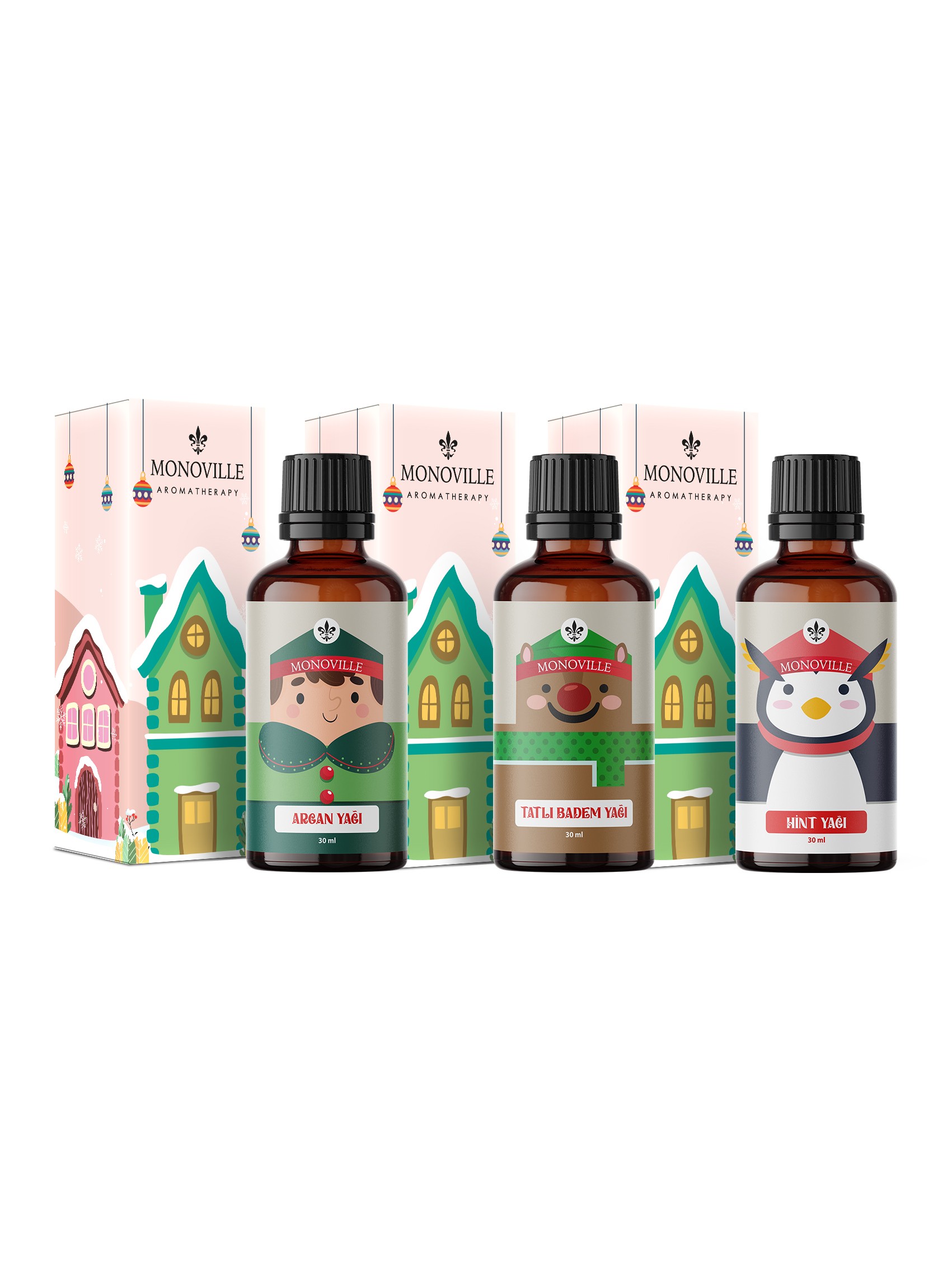 Monoville Argan Yağı 30 ml, Tatlı Badem Yağı 30 ml, Hint Yağı 30 ml ( Yeni Yıl Hediye Seti ) 3x30