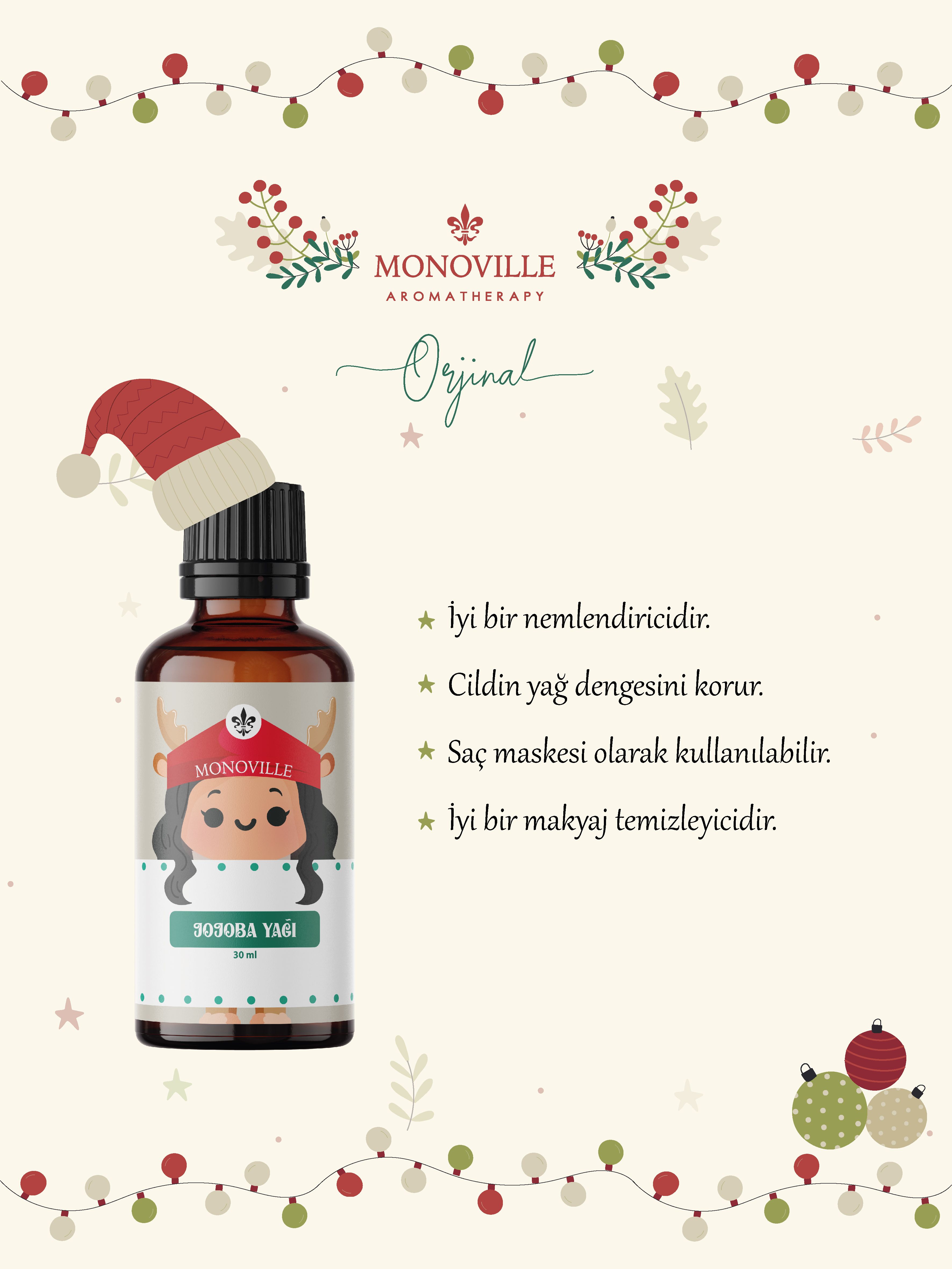 Monoville Jojoba Yağı 30 ml Soğuk Sıkım % 100 Saf Ve Doğal Yeni Yıl Hediye (Jojoba Oil)