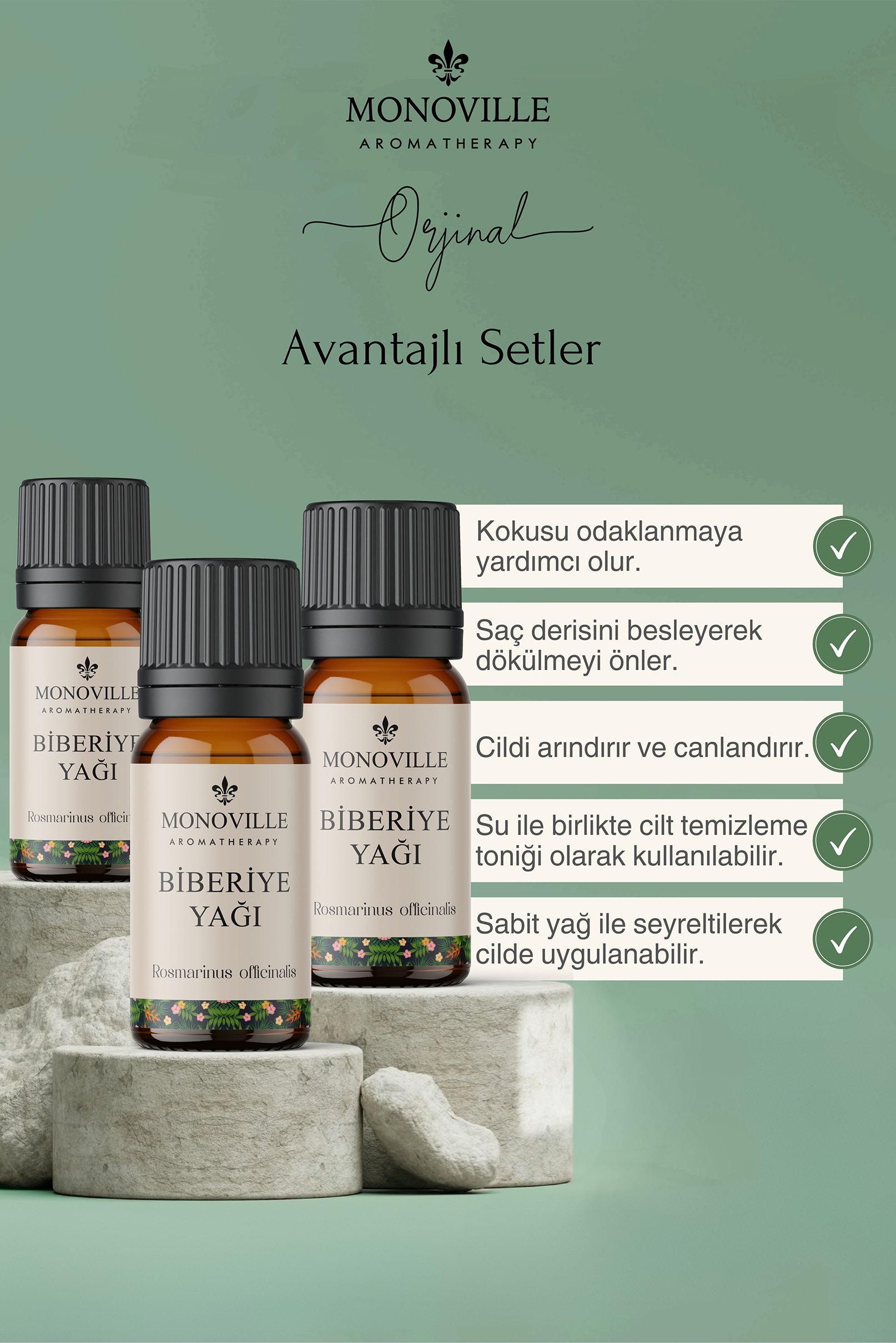 Monoville Biberiye Uçucu Yağı 3'lü Set %100 Saf Ve Doğal ( Rosemary Essential Oil) 3x10 ml