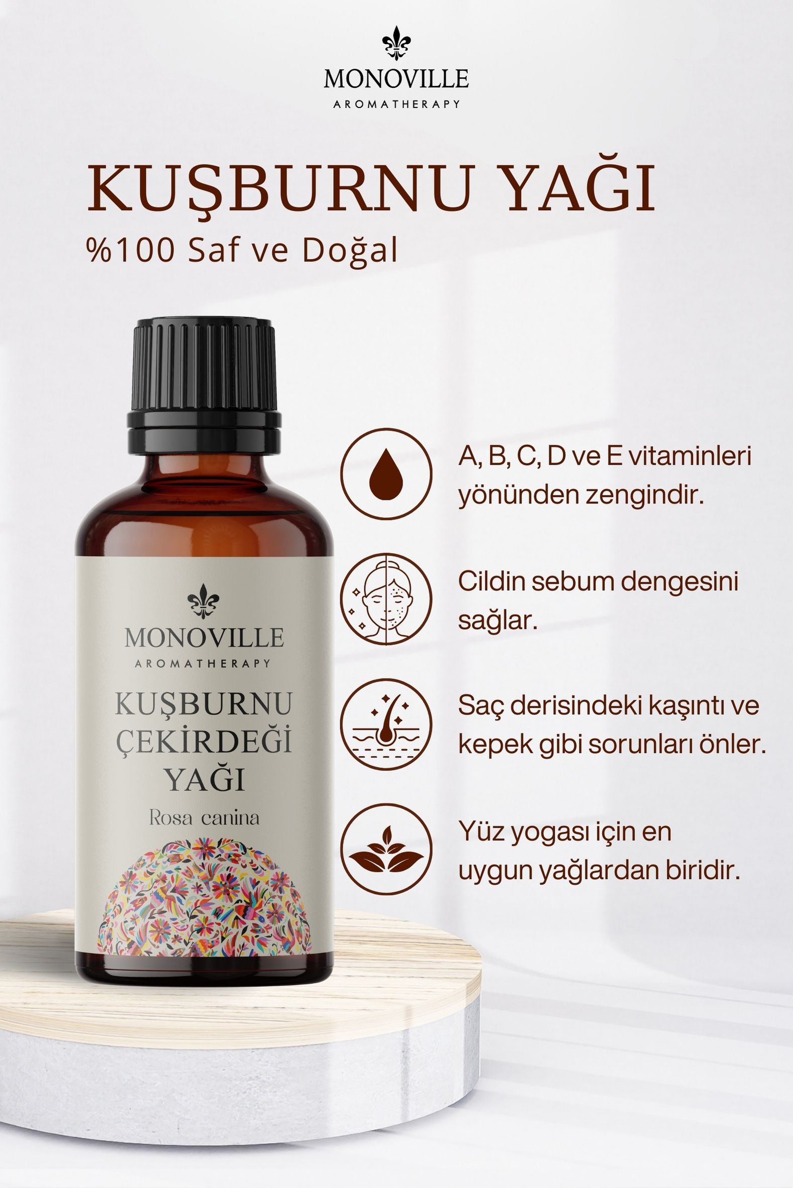 Monoville Kuşburnu Yağı 30 ml, Jojoba Yağı 30 ml, Üzüm Çekirdeği Yağı 30 ml 3'lü Set %100 Saf Ve Doğal 3x30 ml