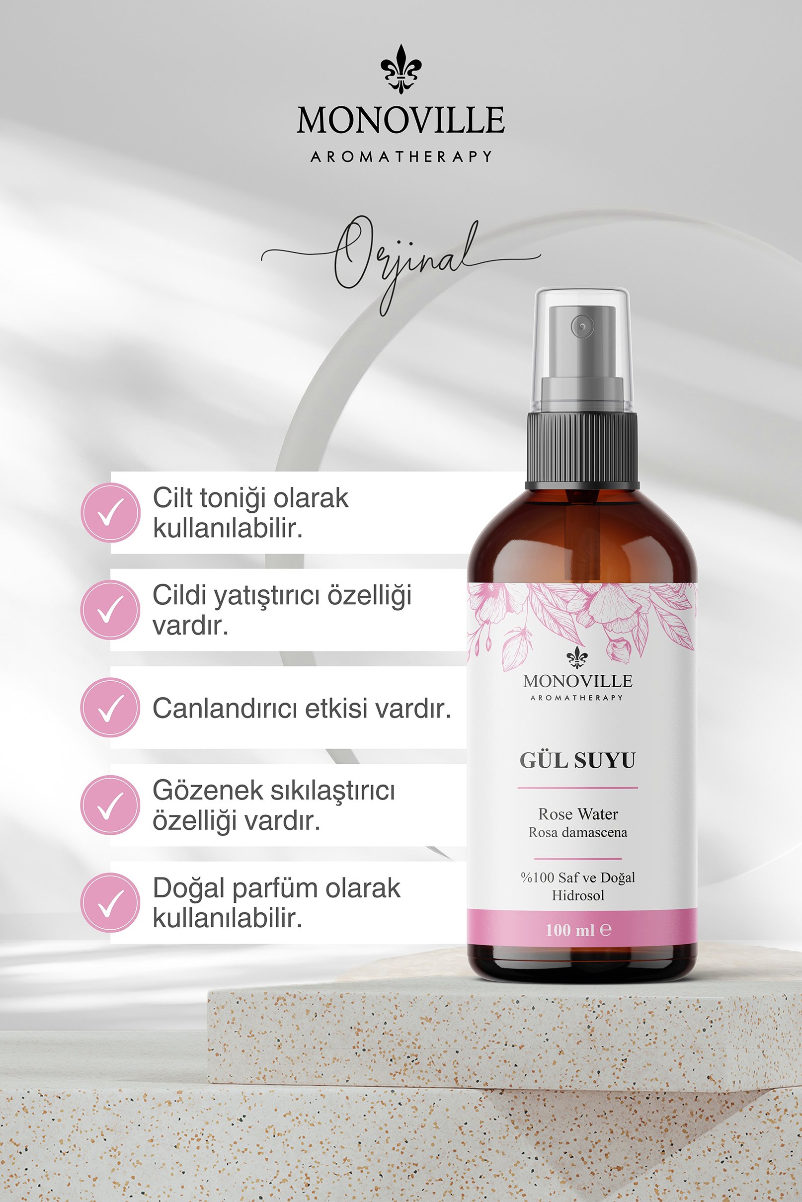 Monoville Gül Suyu 100 ml Cam Şişe %100 Saf ve Doğal (Rose Water)