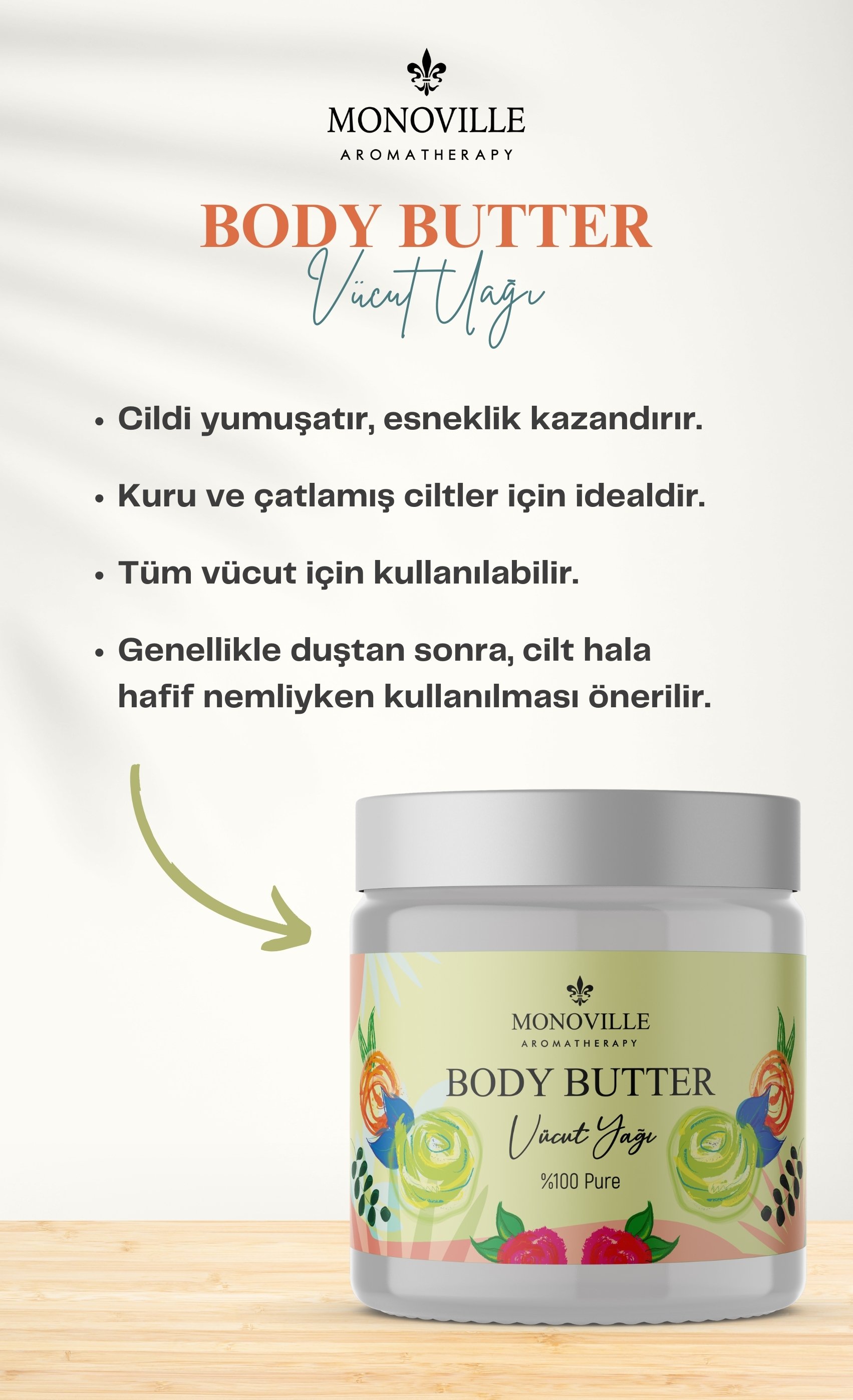 Monoville Body Butter Yoğun Nemlendirici Vücut Yağı 100 ml %100 Doğal